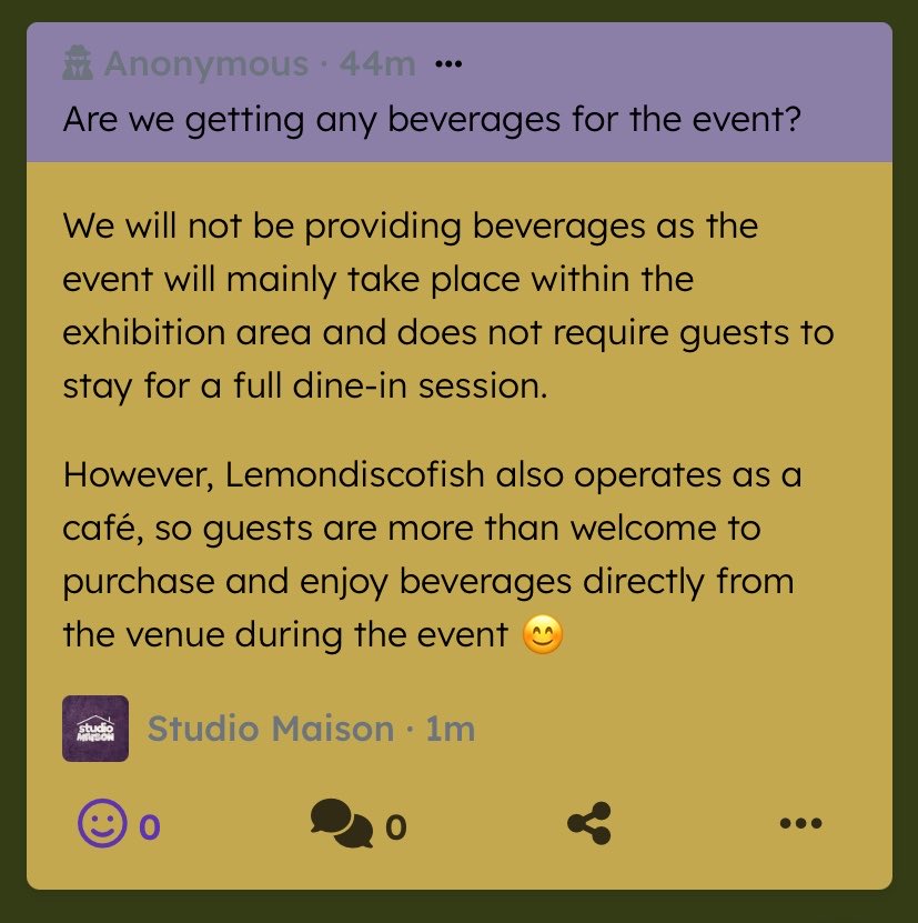 studio__maison's tweet photo. Are we getting any beverages for the event? — We will not be providing beverages as the event will mainly take place within the exhibition area and does not require guest… https://t.co/z6HRDYDtrx https://t.co/L98qeKuxPY