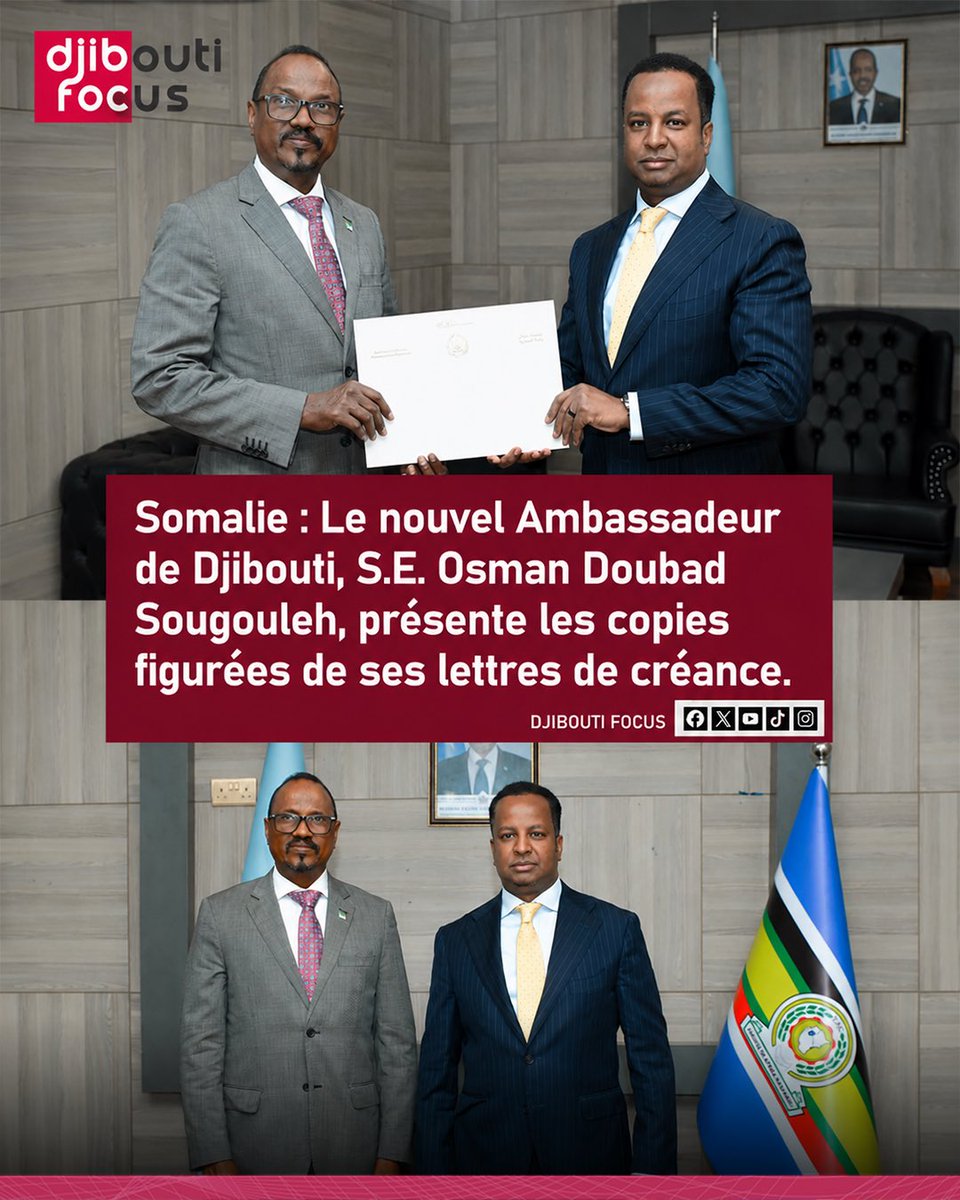 djibfocus's tweet photo. 🇩🇯🇸🇴 Un nouveau chapitre s’ouvre dans les relations diplomatiques entre #Djibouti et la #Somalie : S.E. Osman Doubad Sougouleh a officiellement entamé sa mission d’Ambassadeur en remettant ce matin les copies figurées de ses lettres de créance au Ministre somalien des Affaires Étrangères, S.E. Abdisalam Abdi Ali.