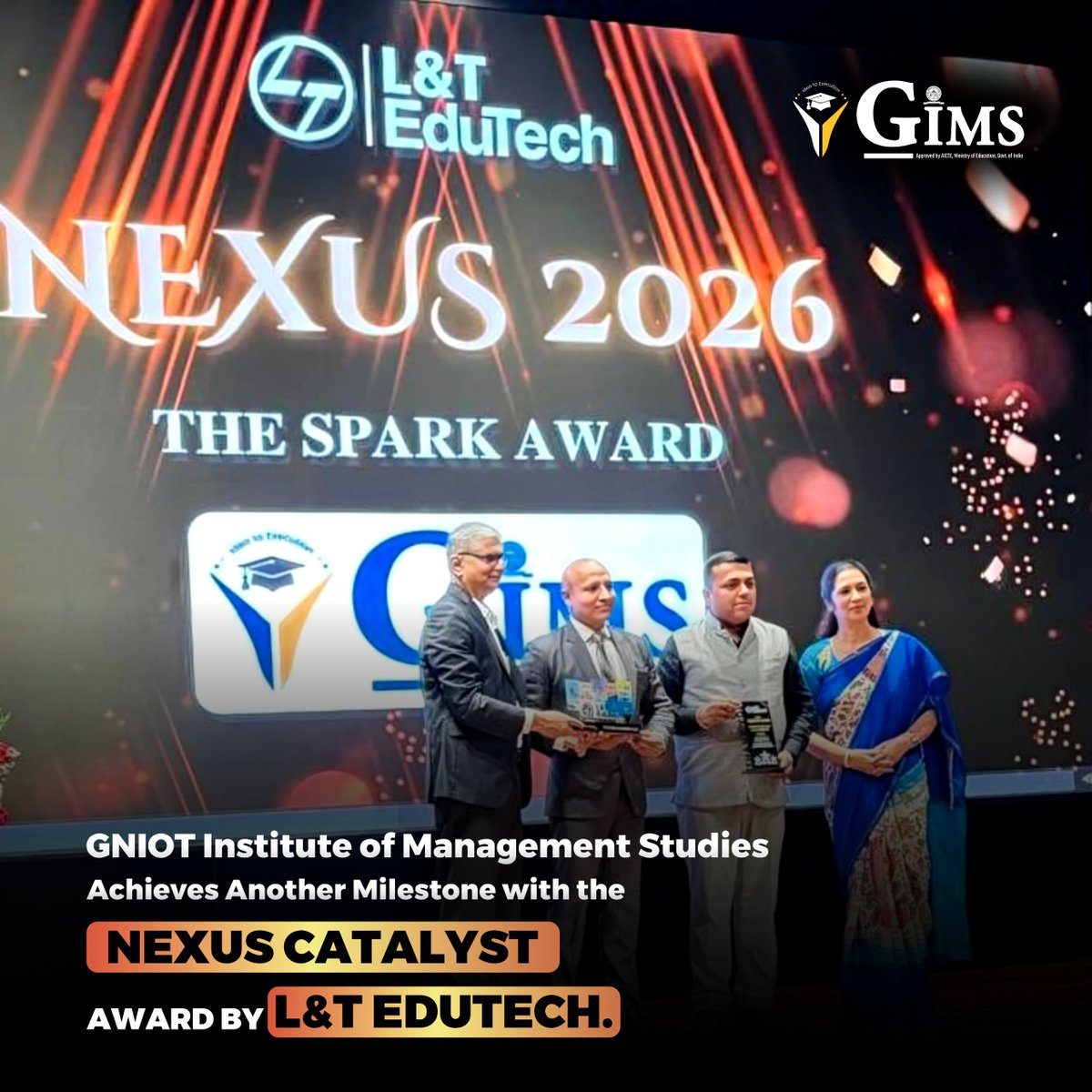 GNIOTCollege's tweet photo. GIMS receives the NEXUS Catalyst Award and Spark Award from L and T EduTech recognizing excellence in industry academia collaboration and future ready management education
#GIMS #LNTEduTech #AcademicExcellence #FutureLeaders #IndustryAcademia #AwardRecognition https://t.co/jHwDvV6BzC