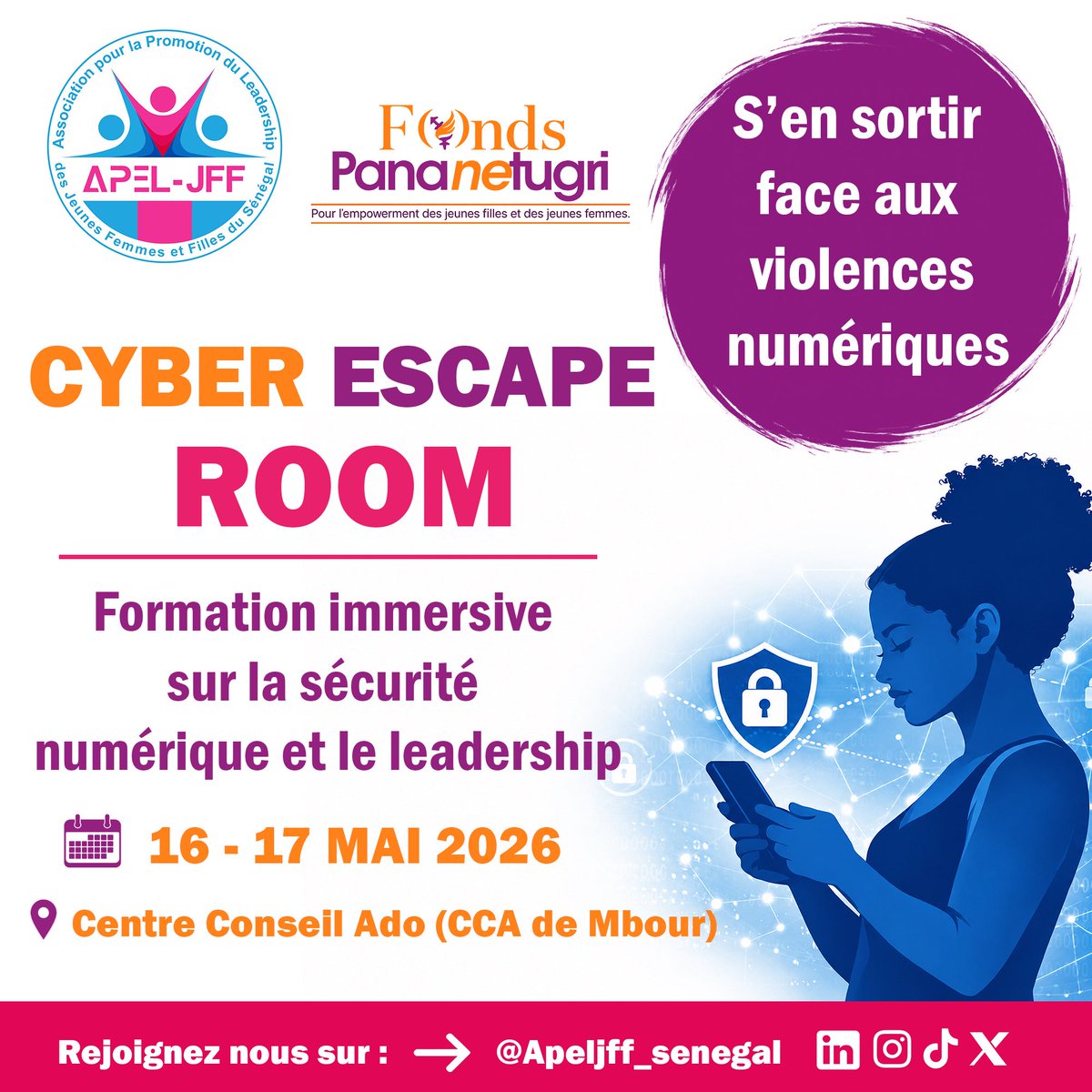 APEL_JFF's tweet photo. 📢 Cyber Escape Room : S’en sortir face aux violences numériques
Une formation immersive pour renforcer la sécurité, la résilience et le leadership des jeunes femmes. ✨

#CyberSafeHer #LeadershipFeminin #SécuritéNumérique #APELJFF https://t.co/d8N2786Wcn
