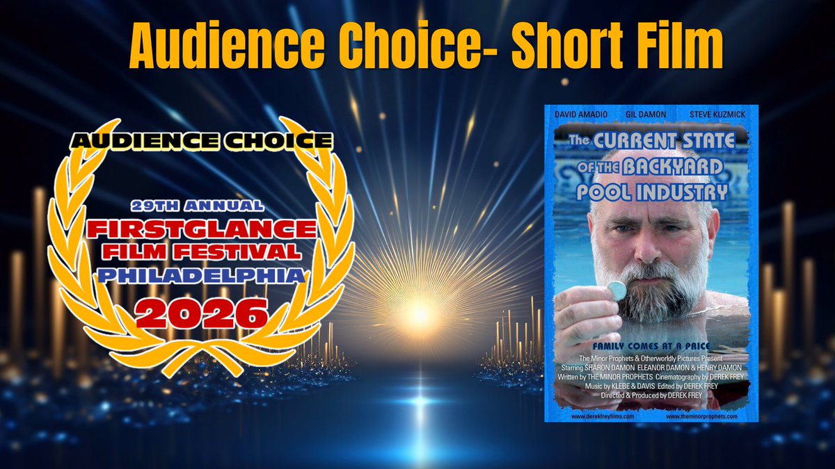FirstGlanceFilm's tweet photo. Congratulations to the Audience Choice Winner in the Short Film Category
29th @FirstGlanceFilm #FilmFestival Philadelphia
Thank you to the attendees who voted!
The Current State of the Backyard Pool Industry
Director- @DerekFreyFilms 
#SupportIndieFilm #filmmaking #fgpa29 #filmx https://t.co/CIIuLrIUwX