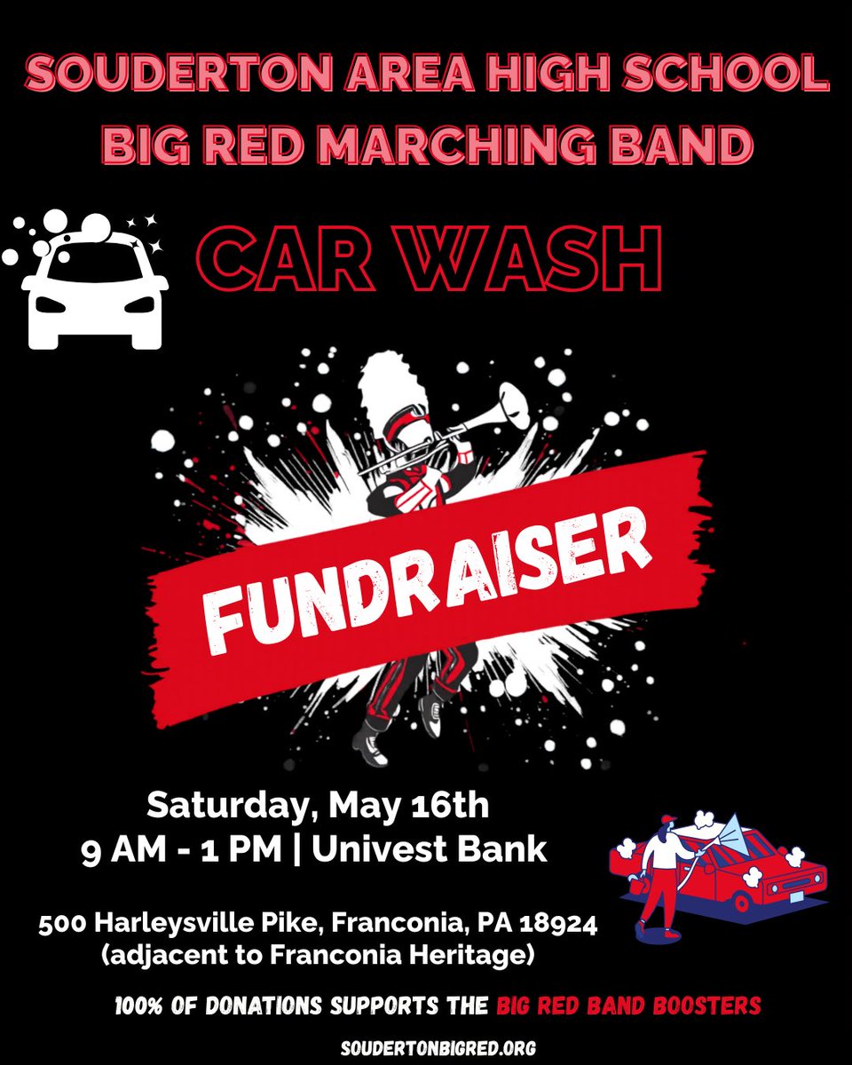 SoudertonBigRed's tweet photo. Warm weather is finally here!
Support the Big Red Marching Band  and Indoor Ensembles on Saturday, May 16th at their Car Wash Fundraiser!

Get your car washed and know you are helping students in our local community!

#soudertonbigredmarchingband 
#soudertonareahighschool https://t.co/2huyMsOuK5