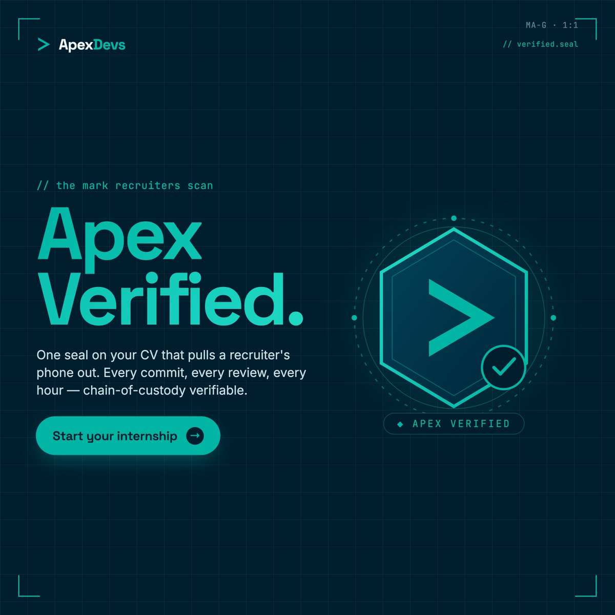 ApexDevsX's tweet photo. Anyone can put 'intern at startup' on Linkedin. Few can prove it.

The Apex Verified seal means every claim on your CV is auditable - commit log, mentor signoff, hours logged, role at a registered LLP. One scan from a recruiter, full record.

Apply for Cohort #14 → https://t.co/nKJmlVylfQ