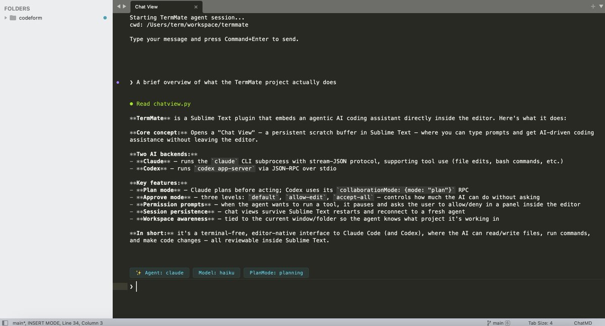 termmate_app's tweet photo. if you need user-friendly interface for Claude Code without having to open a separate terminal window, you may want to try an editor interface - TermMate on VS Code and Sublime Text. TermMate chat window happens within your editor view. https://t.co/WLEiOFYNzZ