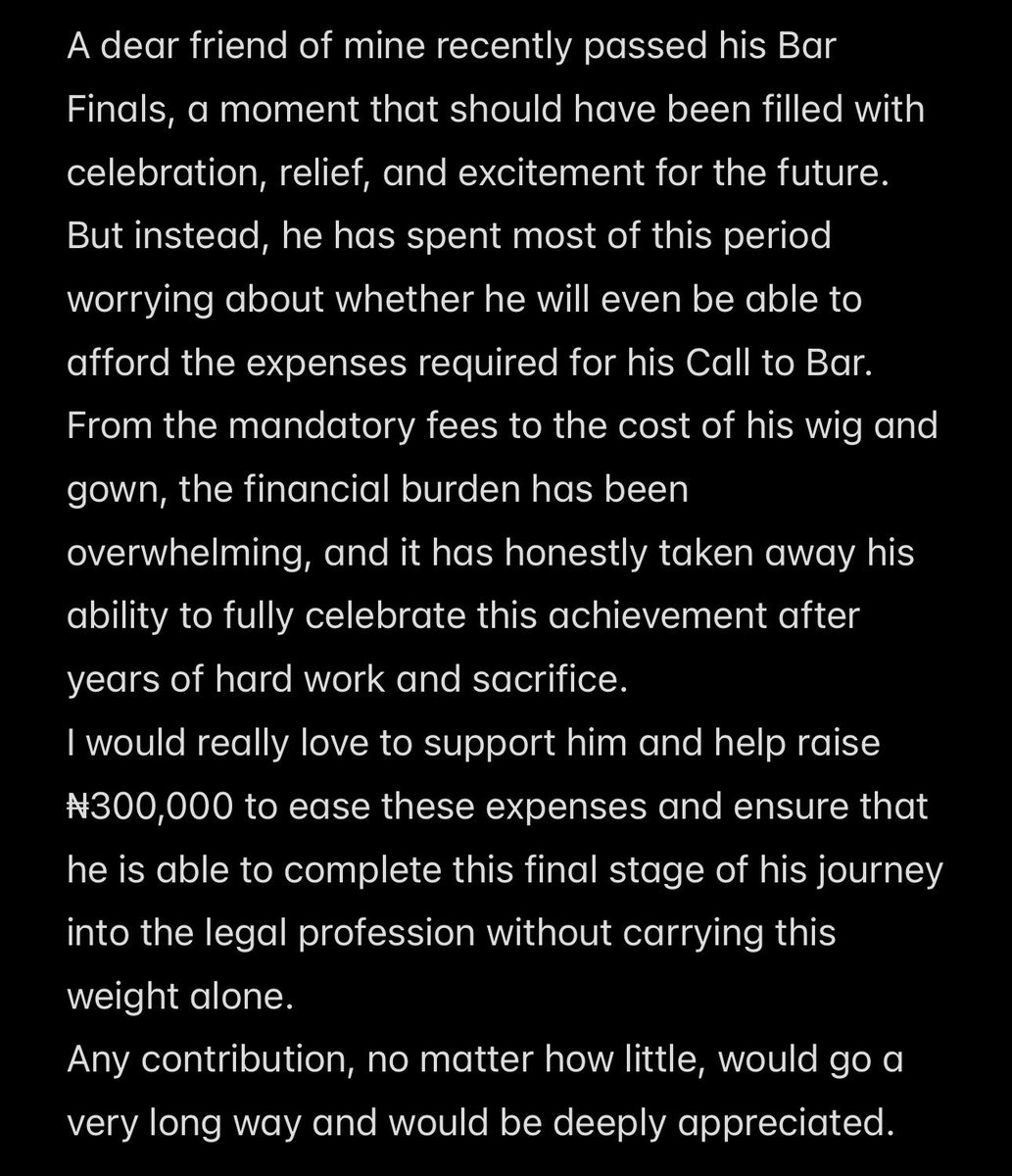 nansbello's tweet photo. Guyss. I am doing a fundraiser for a friend of mine to help cover his fees. Please help with donations. No amount is too small🥹. He hasn’t even had the peace of mind to celebrate his bar finals result because of the uncertainty of being able to raise the funds to pay for CTB https://t.co/5MgJHV2alb
