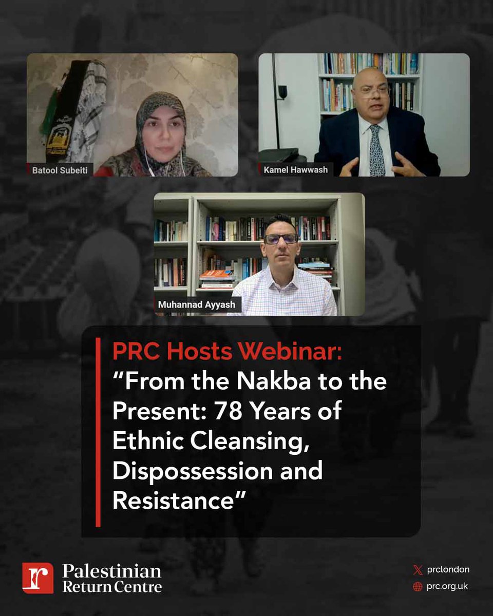 prclondon's tweet photo. 📢 Explore important discussions on the ongoing Palestinian Nakba amid the war on Gaza, displacement, and settler-colonial policies in this webinar organised by the Palestinian Return Centre.

Professors Mohanad Ayash and Kamel Hawwash examine political developments, boycott movements, and shifting global public opinion.

#Nakba78

🔗 More details and the full webinar from here: https://t.co/nY9gZqYlpP