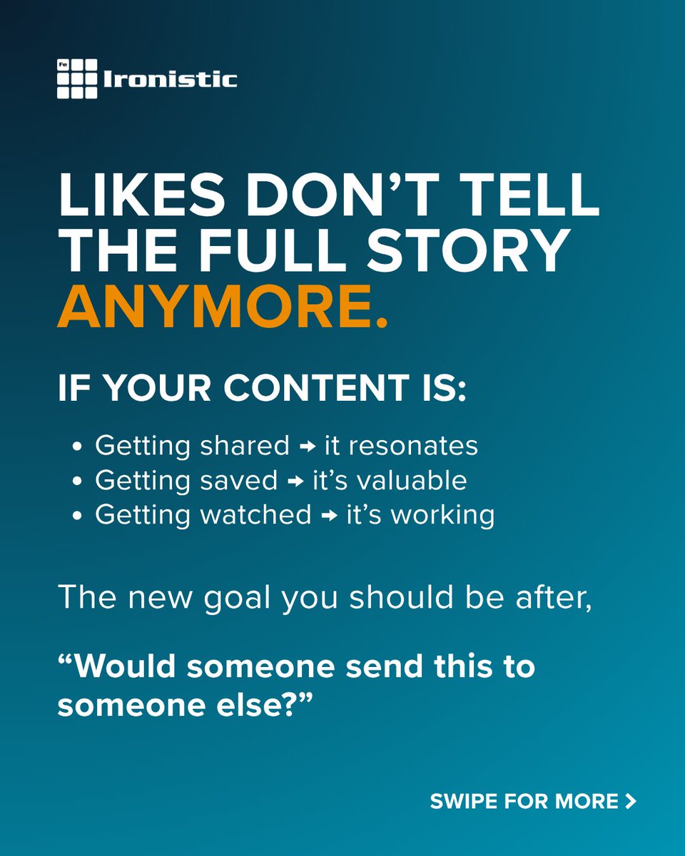 IronisticWeb's tweet photo. Engagement didn’t drop. It shifted.

If your content isn’t getting likes, that doesn’t mean it’s not working.

Ask this instead:
Would someone send this to a friend?

That’s the new metric.

#SocialMediaMetrics https://t.co/7lZzZXZO2N