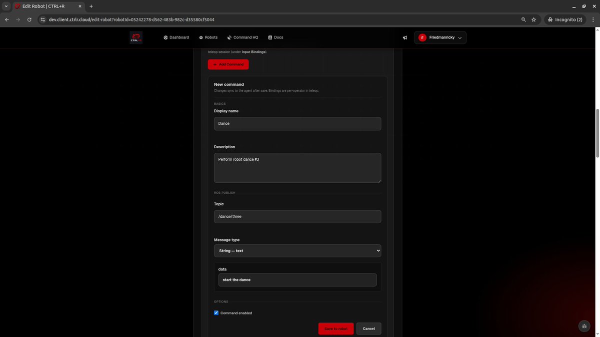 CTRLR_cloud's tweet photo. [ANOTHER PRODUCT UPGRADE]🤓

Now users can customize robot commands and bind them to handheld controllers or keyboards!

Currently you can operate robots on CTRL+R using a:
🕹️joystick (mobile + desktop),
⌨️keyboard (WASD+), and
🎮gaming controller (Xbox, logitech)

But it's gone far beyond just steering the robot now. You can map ANY command to a robot and activate it with the press of a button. 

For instance, you could steer with the left joystick, jump with the A key, punch with B, take a screenshot with left bumper, and activate a voice command with right trigger.

Any action the robot can do can now be mapped to your favorite controller and configured however you want.

Why is this cool?

Most robots ship with a custom handheld controller. But what happens if you need multiple people to be able to use the robot and they aren't all in the same room together? Or what if you don't like the controller they give you or its configuration? Or what if you just want more options?

CTRL+R fixes all this. Use our platform to operate ANY robot, from ANYWHERE, EASILY. 

Also we're continuously making it more and more customizable. VR headsets and haptic suits are next.