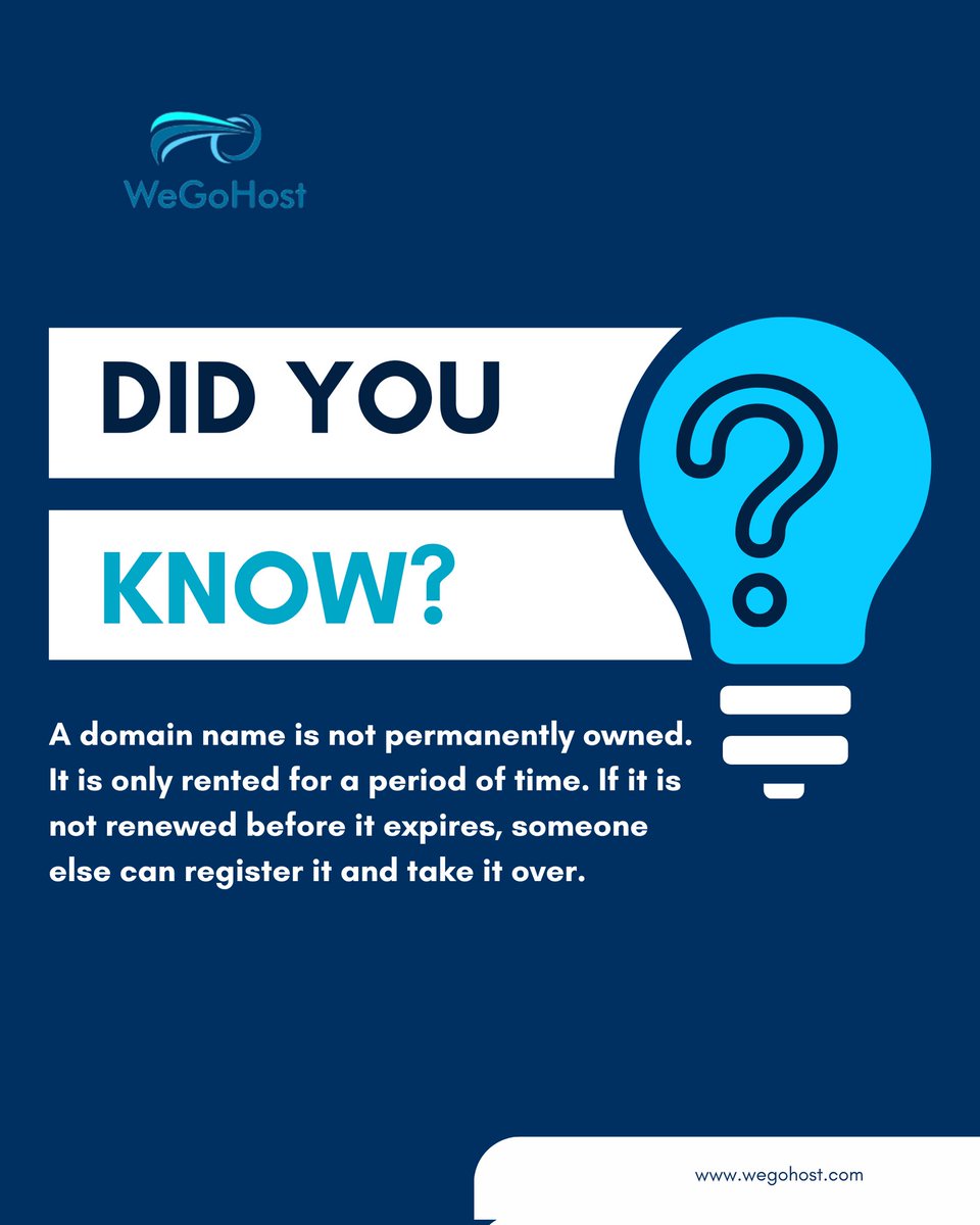 wegohost's tweet photo. A domain name is actually rented, not owned. If you forget to renew it before it expires, someone else can register it and take over.

Don’t let your brand slip away because of a missed renewal. Stay alert keep your domain secured 🔐

👉 Have you checked your domain expiry date? https://t.co/DyOJYf4u6p