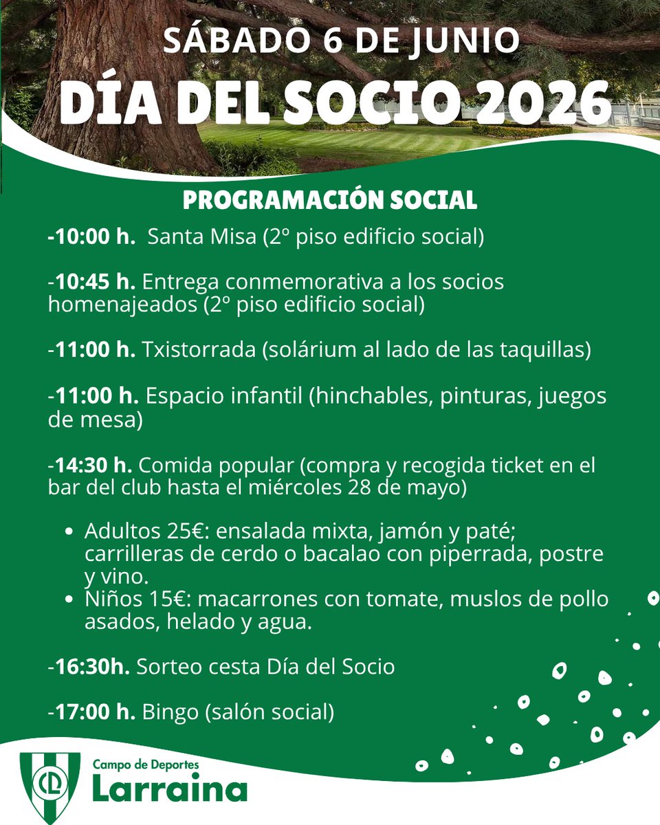 CDLarraina's tweet photo. ¡🎉 Ya queda menos para celebrar juntos el Día del Socio 2026 en Larraina! 🎉 

Para el próximo 6 de junio hemos preparado una jornada llena de actividades para todas las edades: deporte, diversión, encuentros, actividades infantiles, bingo, comida popular y mucho más 💚 https://t.co/v1AzLkxVaL