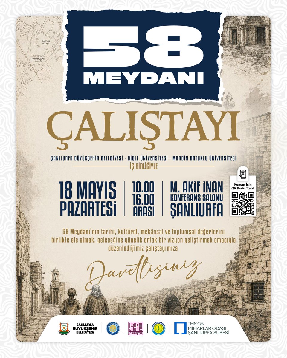 sanliurfabld's tweet photo. Şanlıurfa’nın hafızasında önemli bir yere sahip olan 58 Meydanı’nın geçmişini, bugününü ve geleceğini birlikte konuşuyoruz🏛️ 

Şanlıurfa Büyükşehir Belediyemiz öncülüğünde; Dicle Üniversitesi, Mardin Artuklu Üniversitesi, Harran Üniversitesi, Şanlıurfa Mimarlar Odası ve paydaş kurumların iş birliğiyle düzenlenecek olan “58 Meydanı Çalıştayı”, alanın tarihi, kültürel, mekânsal ve toplumsal değerlerini ortak akılla değerlendirmeyi amaçlıyor.

📍 M. Akif İnan Konferans Salonu
🗓️ 18 Mayıs Pazartesi
⏰ 10.00 – 16.00

Şehrimizin kimliğine değer katacak bu önemli çalıştaya tüm ilgilileri davet ediyoruz.
