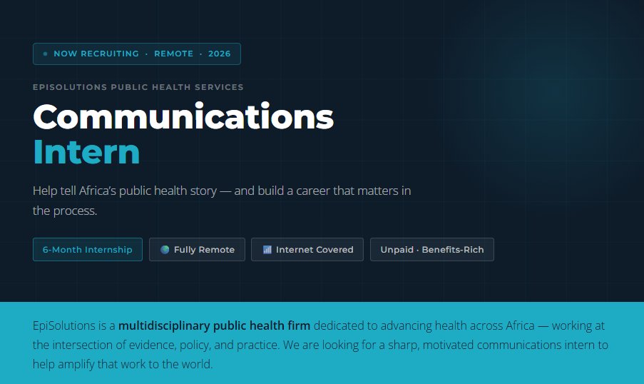 EdwardA_Oladele's tweet photo. #Africa’s #PublicHealth story needs better telling — and we’re looking for someone to help tell it.
EpiSolutions is hiring a #Communications #Intern. 6 months, remote, real work, unpaid.
Network. Mentorship. Internet costs covered.
Rolling applications https://t.co/mRvb3qRukU https://t.co/bOstMmOFuk