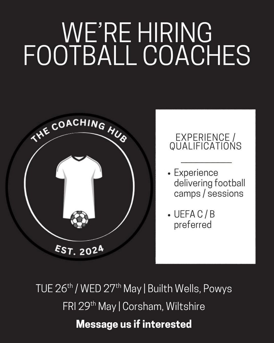 coachinghub__'s tweet photo. ⚽️ WE’RE HIRING: JOIN THE COACHING HUB TEAM!

Looking to get on the grass this May? We are looking for Football Coaches to join us for our upcoming camps in Powys and Wiltshire.

This is a paid opportunity to work alongside and learn from UEFA A &amp; B qualified coaches. https://t.co/LfsbOeZBgg