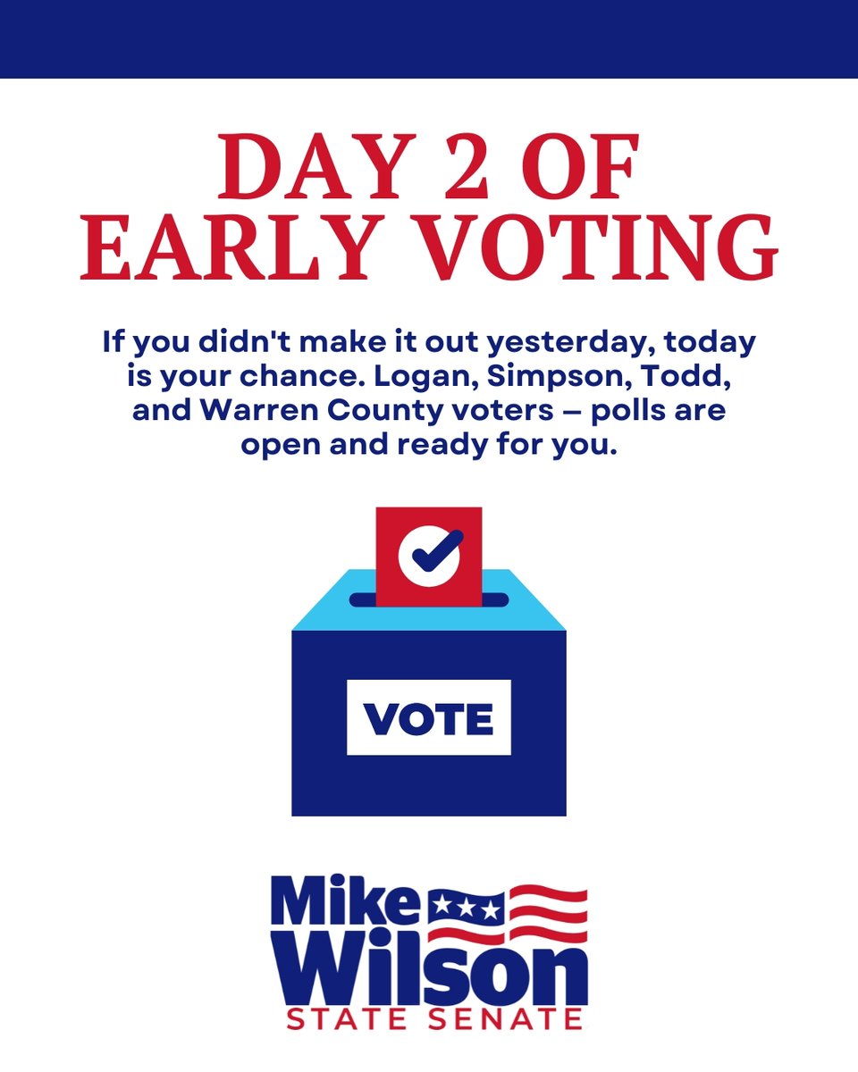 KyMikeWilson's tweet photo. Day 2 of early voting is here! If you didn't make it out yesterday, today is your chance. Logan, Simpson, Todd, and Warren County voters — polls are open and ready for you. 

Find your location at https://t.co/Lg5xCfo1nc. https://t.co/KN7RrhClyU