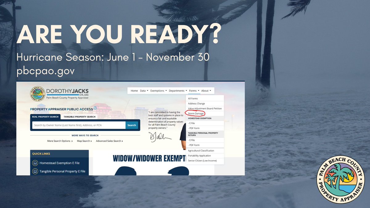 PBCPAO's tweet photo. Hurricane season is just around the corner. As part of your hurricane preparations, take a moment to review the ‘Report Storm Damaged Property’ info on our website, https://t.co/j2B8jlwkeR. It offers details you need to know if your property sustains severe storm damage. https://t.co/2fsJcOcAKf