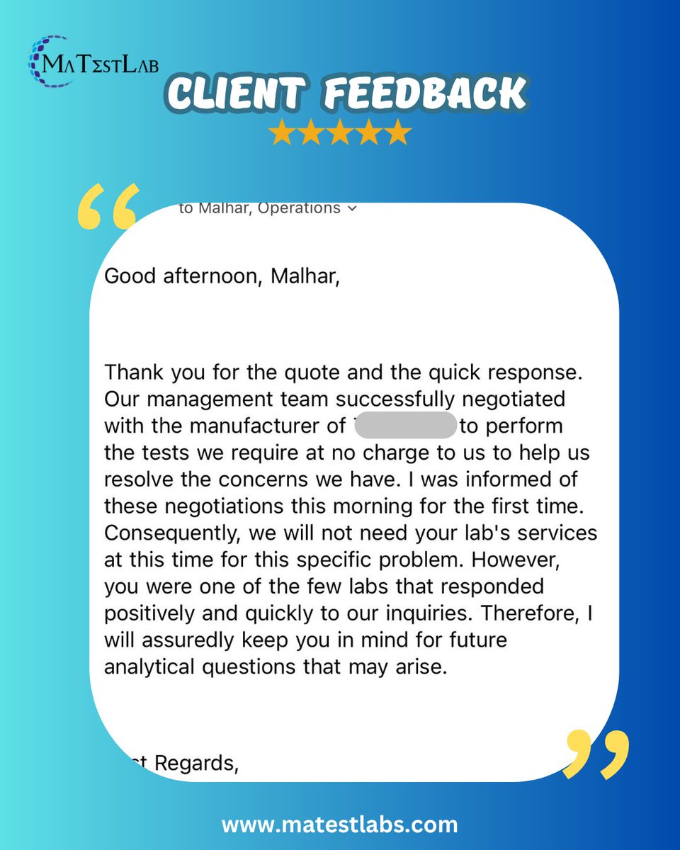 MatestlabInc's tweet photo. Sometimes, a "not this time" is often just as valuable as a "yes."
We recently supported a client with a highly unique set of requirements. Within just 24 hours of their initial contact, our team delivered a fully customized test plan and quote. 
#customerexperience #teamwork https://t.co/9tbqSMFjba