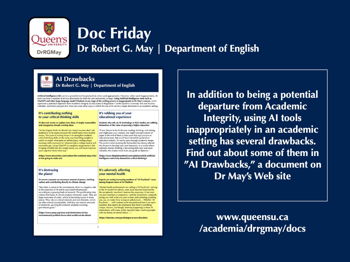 DrRGMay's tweet photo. Doc Friday: In addition to being a potential departure from Academic Integrity, using AI tools inappropriately in an academic setting has several drawbacks. Find out about some of them in “AI Drawbacks,” a document on Dr May’s Web site: https://t.co/4LT6ngxoff https://t.co/pATRj1burp