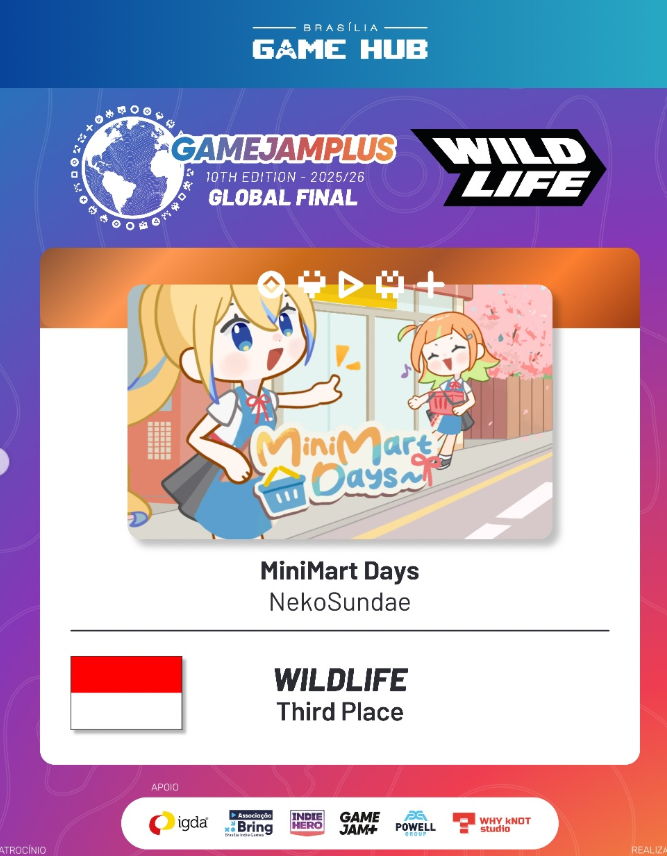 SEAGamethetic's tweet photo. Gamejam+ @gamejamplus has just been concluded and they just announced winners of the game jam. Here are the winners from SEA:

Bisai-Bisai Lai - TeamAgemu 🇧🇳
Mewracle Brew - Meng 🇮🇩
Beat The Ads by @beattheads 🇮🇩
MiniMart Days - NekoSundae 🇮🇩 https://t.co/ckyNxqYivk