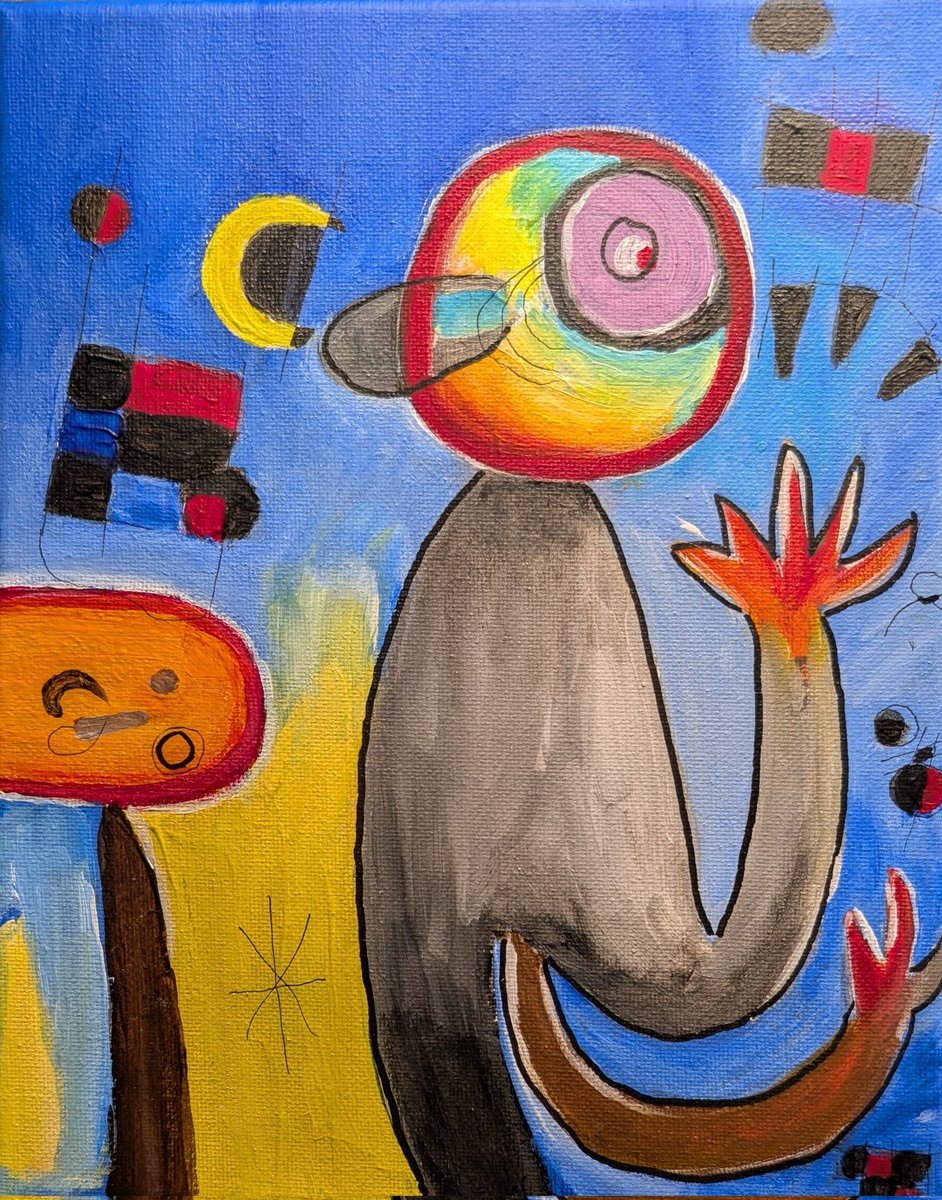 ourplayandart's tweet photo. Astronaut and his pet penguin 
#surrealism 
#acrylic 
#joanmiro
#masterstudy
#writingcommunity
#artcommunity https://t.co/L1GbV5x9nb