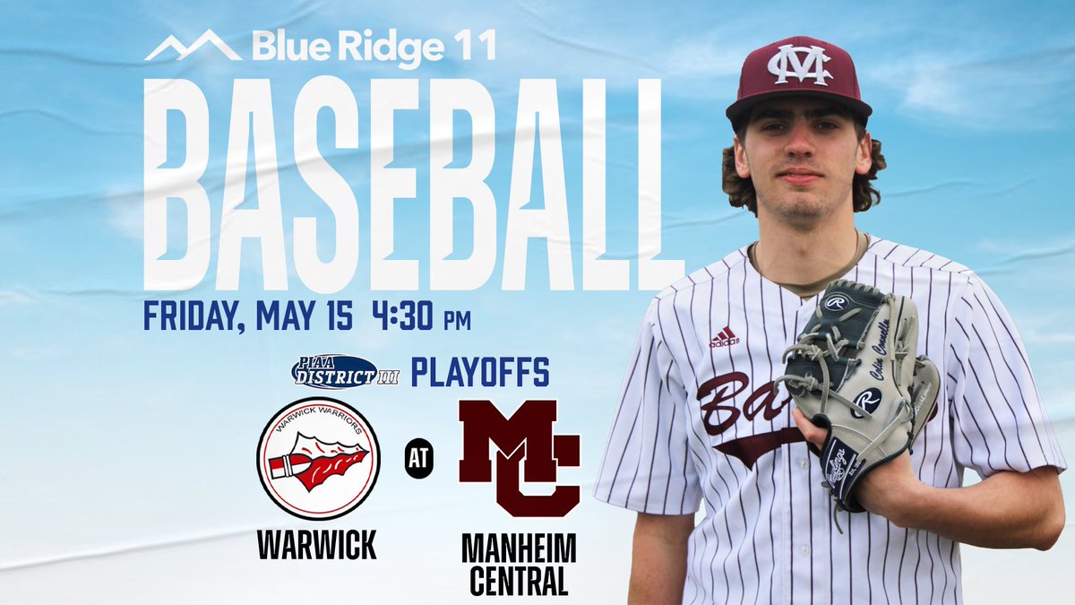 BRC11SPORTS's tweet photo. 🚨District 3 Playoff Schedule🚨

How about some Playoff afternoon baseball on the channel ⚾️📺 We’ll be Live in Manheim as #11 Warwick (9-11-1) faces #6 Manheim Central (13-8) in the First Round of the  5A District 3 Playoffs! Catch first pitch around 4:30pm… https://t.co/9nQ2aCeqyL
