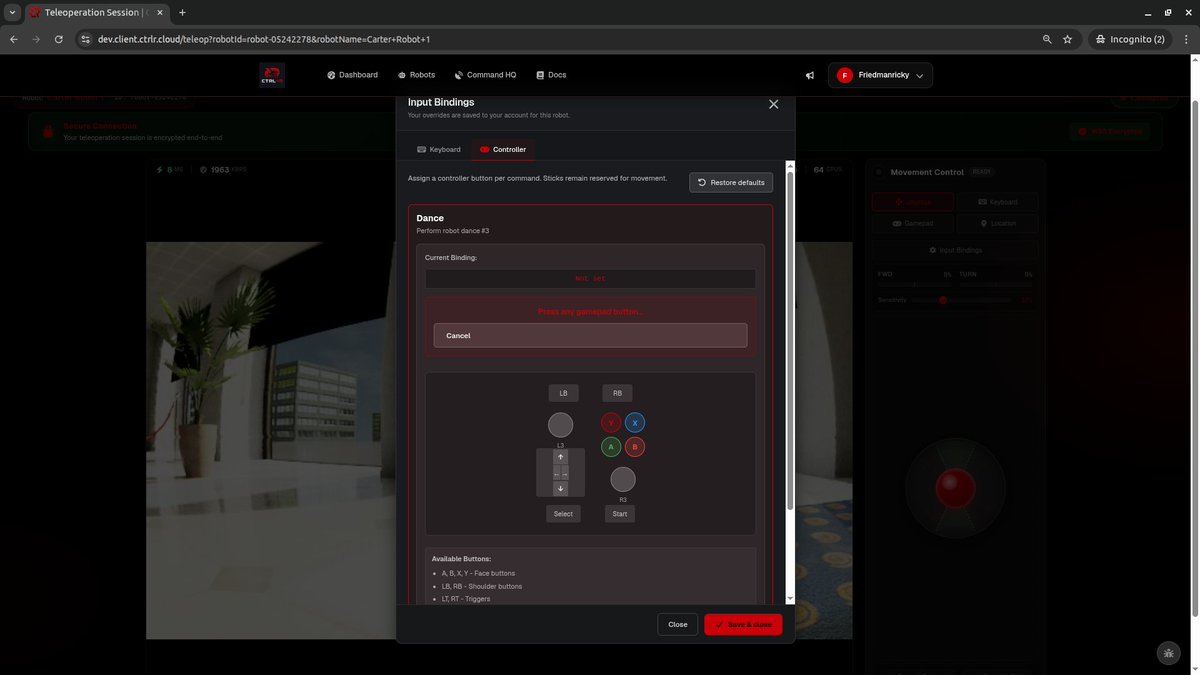 CTRLR_cloud's tweet photo. [ANOTHER PRODUCT UPGRADE]🤓

Now users can customize robot commands and bind them to handheld controllers or keyboards!

Currently you can operate robots on CTRL+R using a:
🕹️joystick (mobile + desktop),
⌨️keyboard (WASD+), and
🎮gaming controller (Xbox, logitech)

But it's gone far beyond just steering the robot now. You can map ANY command to a robot and activate it with the press of a button. 

For instance, you could steer with the left joystick, jump with the A key, punch with B, take a screenshot with left bumper, and activate a voice command with right trigger.

Any action the robot can do can now be mapped to your favorite controller and configured however you want.

Why is this cool?

Most robots ship with a custom handheld controller. But what happens if you need multiple people to be able to use the robot and they aren't all in the same room together? Or what if you don't like the controller they give you or its configuration? Or what if you just want more options?

CTRL+R fixes all this. Use our platform to operate ANY robot, from ANYWHERE, EASILY. 

Also we're continuously making it more and more customizable. VR headsets and haptic suits are next.