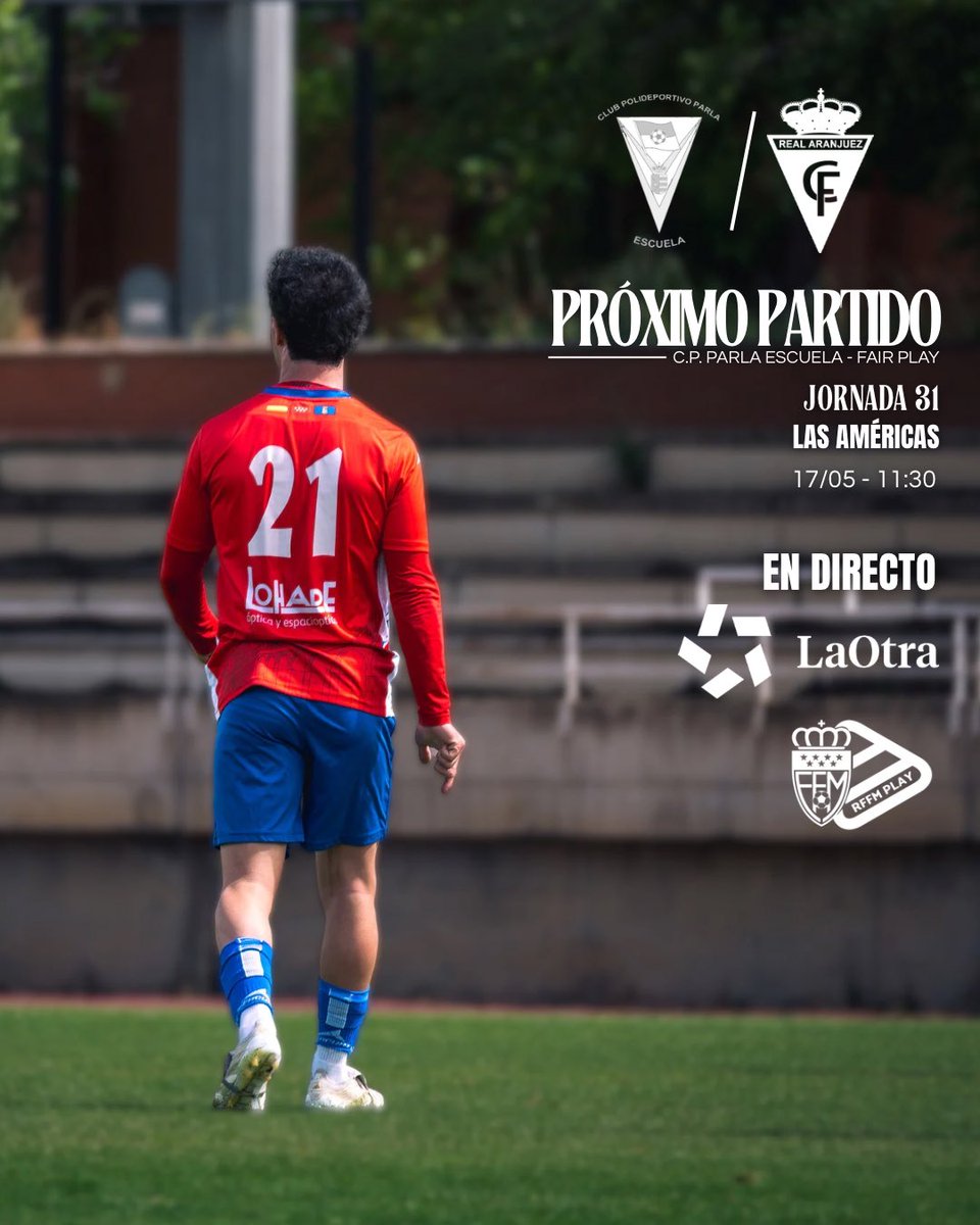 realaranjuez's tweet photo. 📰 PREVIA

✈️ La lucha por el ascenso vive su capítulo más importante

🆚 @ParlaEscuela 
🗓️ 17 de mayo.
⏰ 11:30h.
🏟️ Las Américas.
📺 La Otra
💻 RFFM Play

📲 https://t.co/JbTRpaQRkS

#VamosAranjuez #OrgulloRibereño https://t.co/83uWof1naC