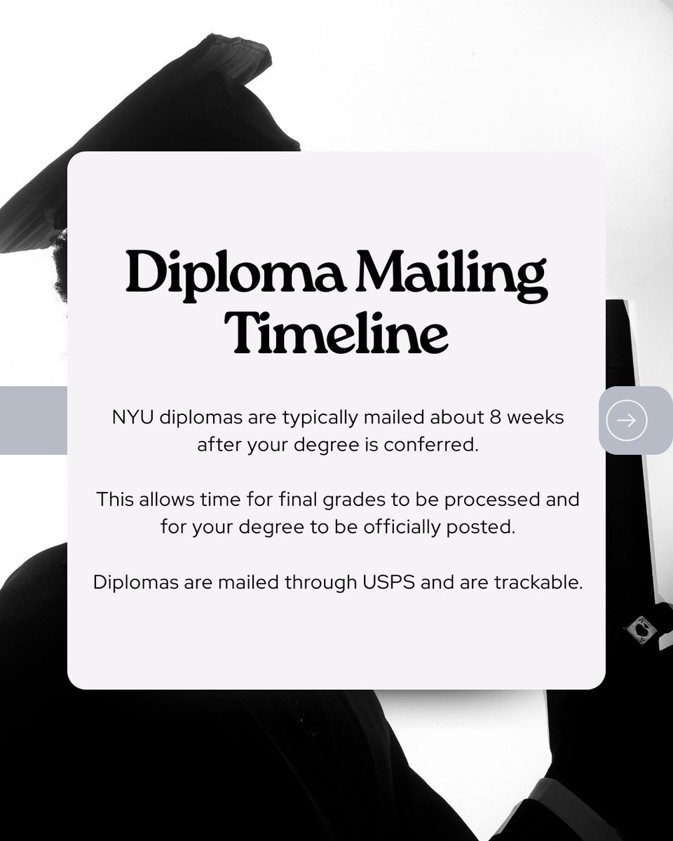 NYUStudentLink's tweet photo. Graduated and wondering when your diploma arrives? 🎓
NYU diplomas are mailed about 8 weeks after your degree is awarded. If you need proof of graduation before then, transcripts or degree verification can help. #SLCHasYourBack https://t.co/i7trlZEhsQ