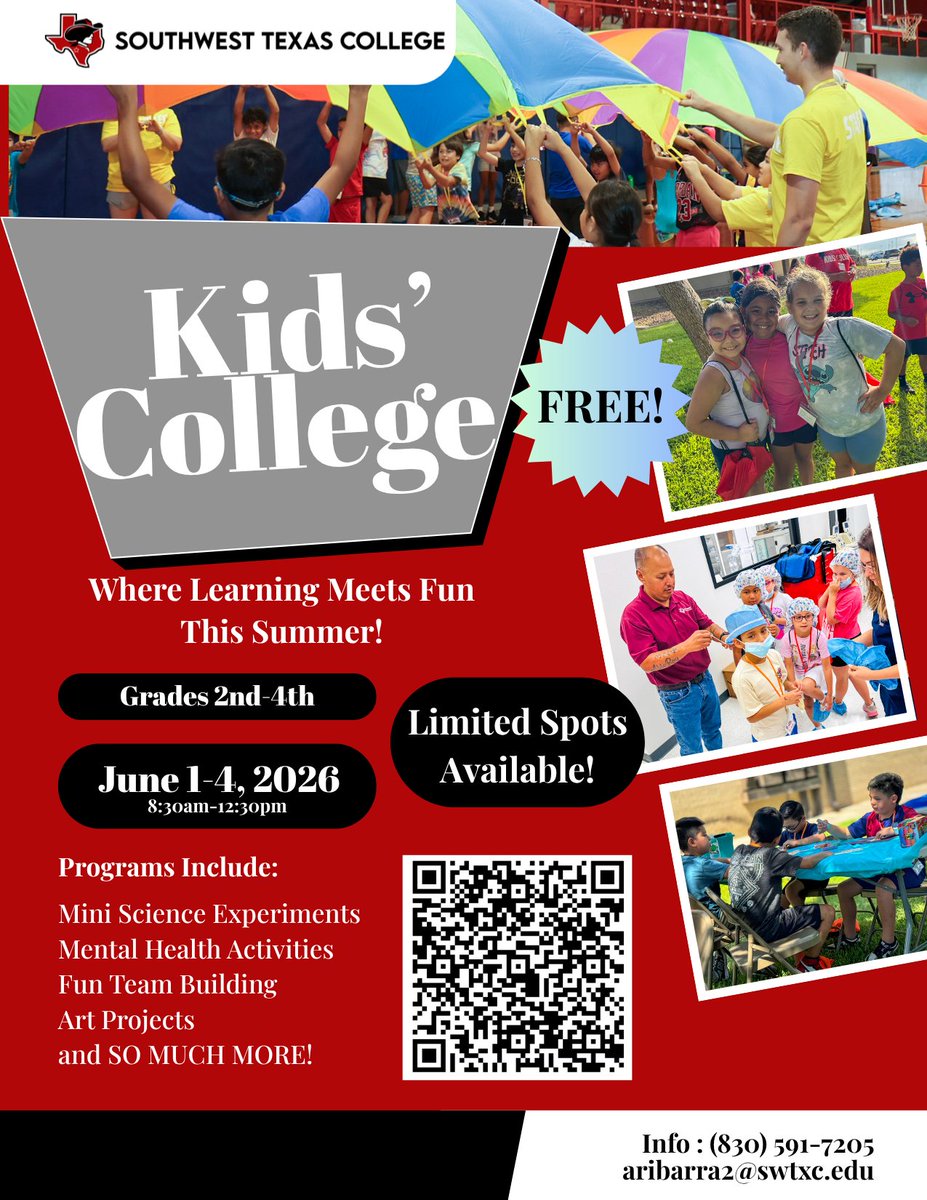 SWTXCollege's tweet photo. Online registration is now OPEN! 🎉

Don’t miss your last chance to sign your child up for Kids College. Spots are limited, and registration will close once capacity is reached. Secure their spot today!

Register with the link below.

https://t.co/loh1R4huXo https://t.co/jU5OETydOP