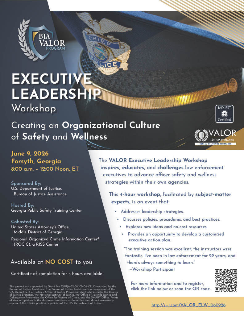GPSTC's tweet photo. The VALOR Executive Leadership Workshop inspires, educates, and challenges law enforcement executives to advance officer safety and wellness strategies within their own agencies.

Register at the following link: https://t.co/uFbtasLVlg https://t.co/berFVVUoeL