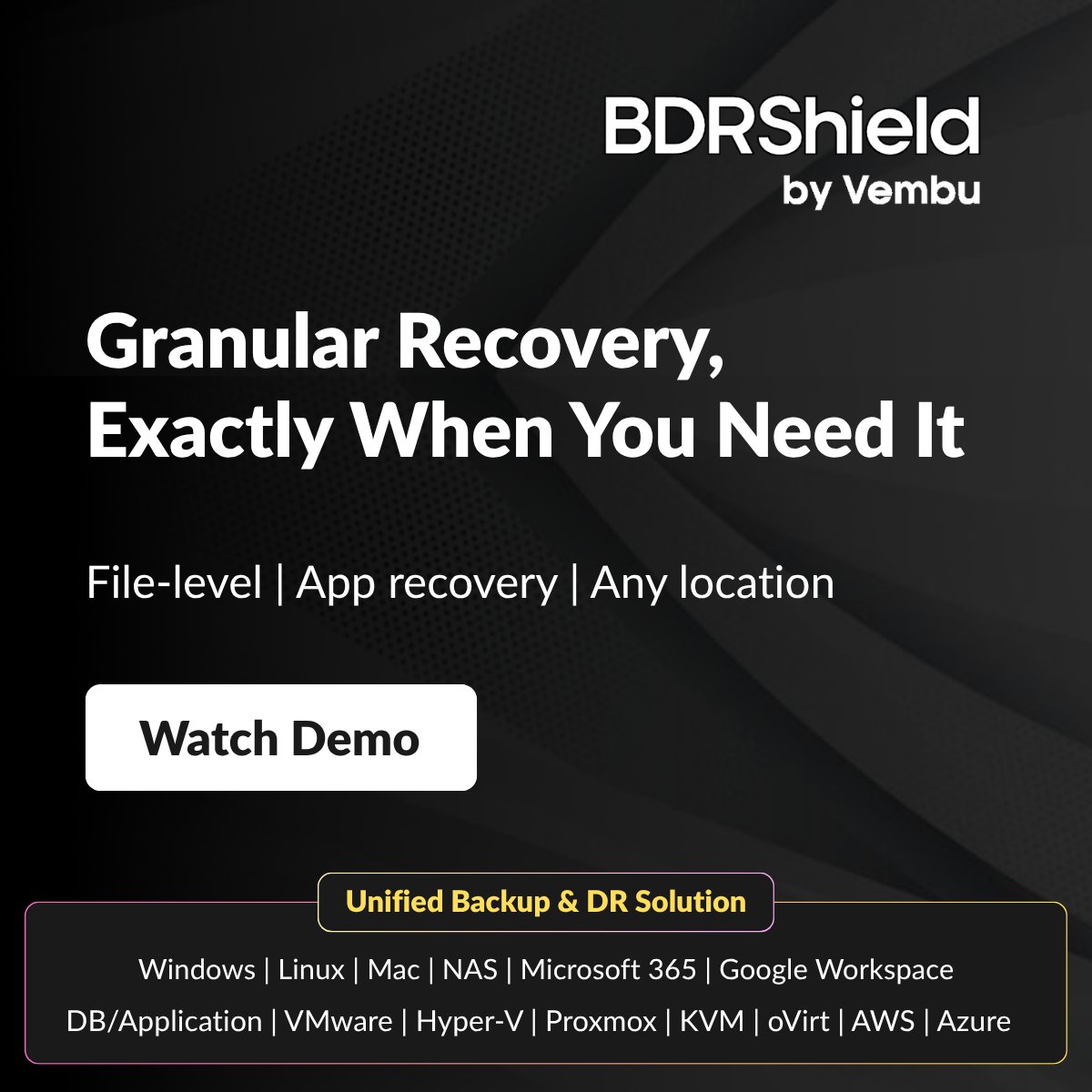 vembutech's tweet photo. Avoid full system restores for small mistakes. Instantly recover individual files or applications from any endpoint to any location with precision. 
Learn More: https://t.co/qJa5VaWsk1 
#GranularRecovery #InstantRecovery #FileRecovery #ApplicationRecovery #EndpointBackup #DisasterRecovery #CyberResilience