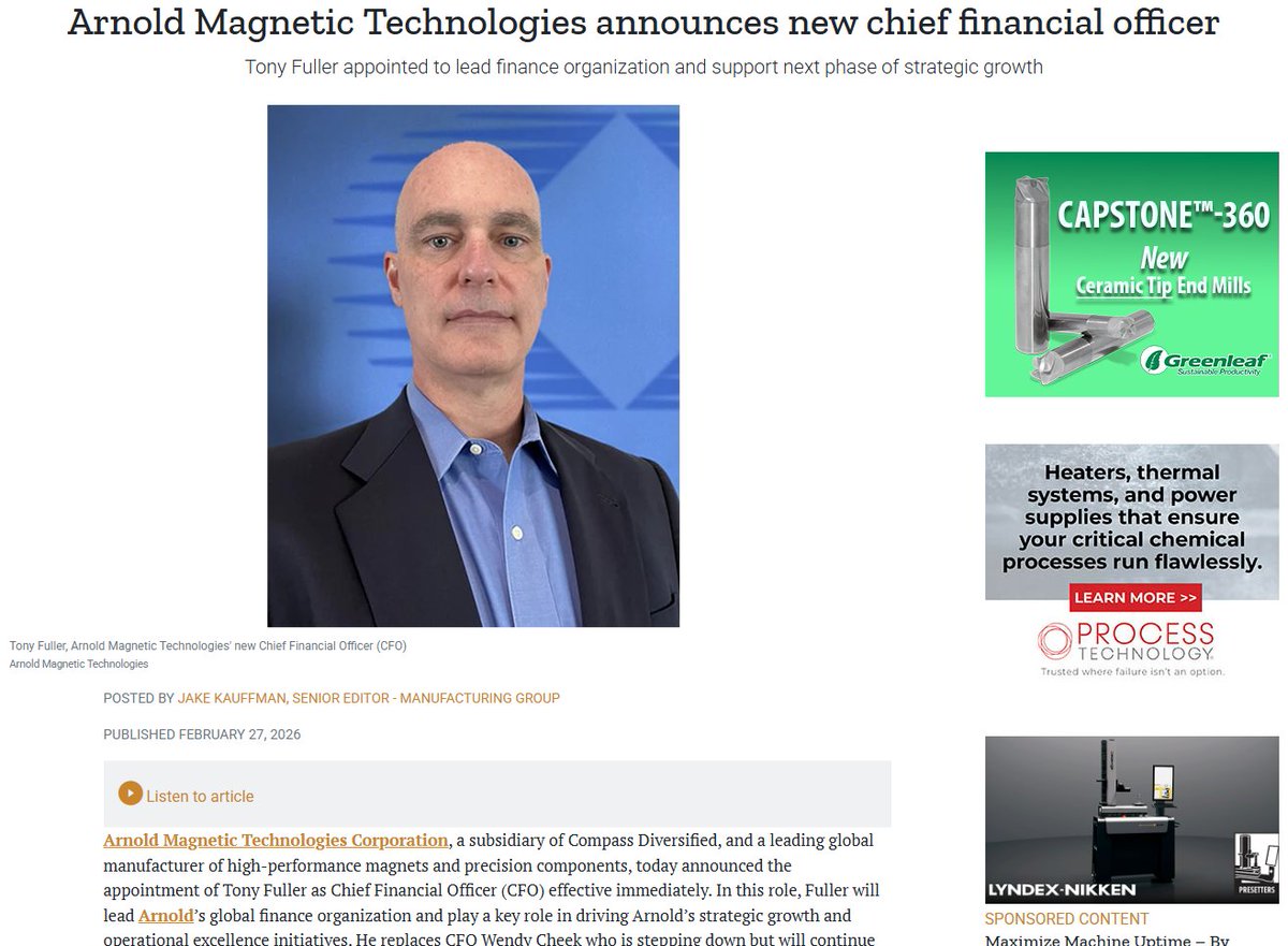 arnoldmagtech's tweet photo. Arnold Magnetic Technologies has appointed Tony Fuller as CFO. In this role, Fuller will lead Arnold's global finance organization and play a key part in driving strategic growth and operational excellence. @DandMMag has the full story:

https://t.co/28MgBrVojc https://t.co/VpJsS8kCov