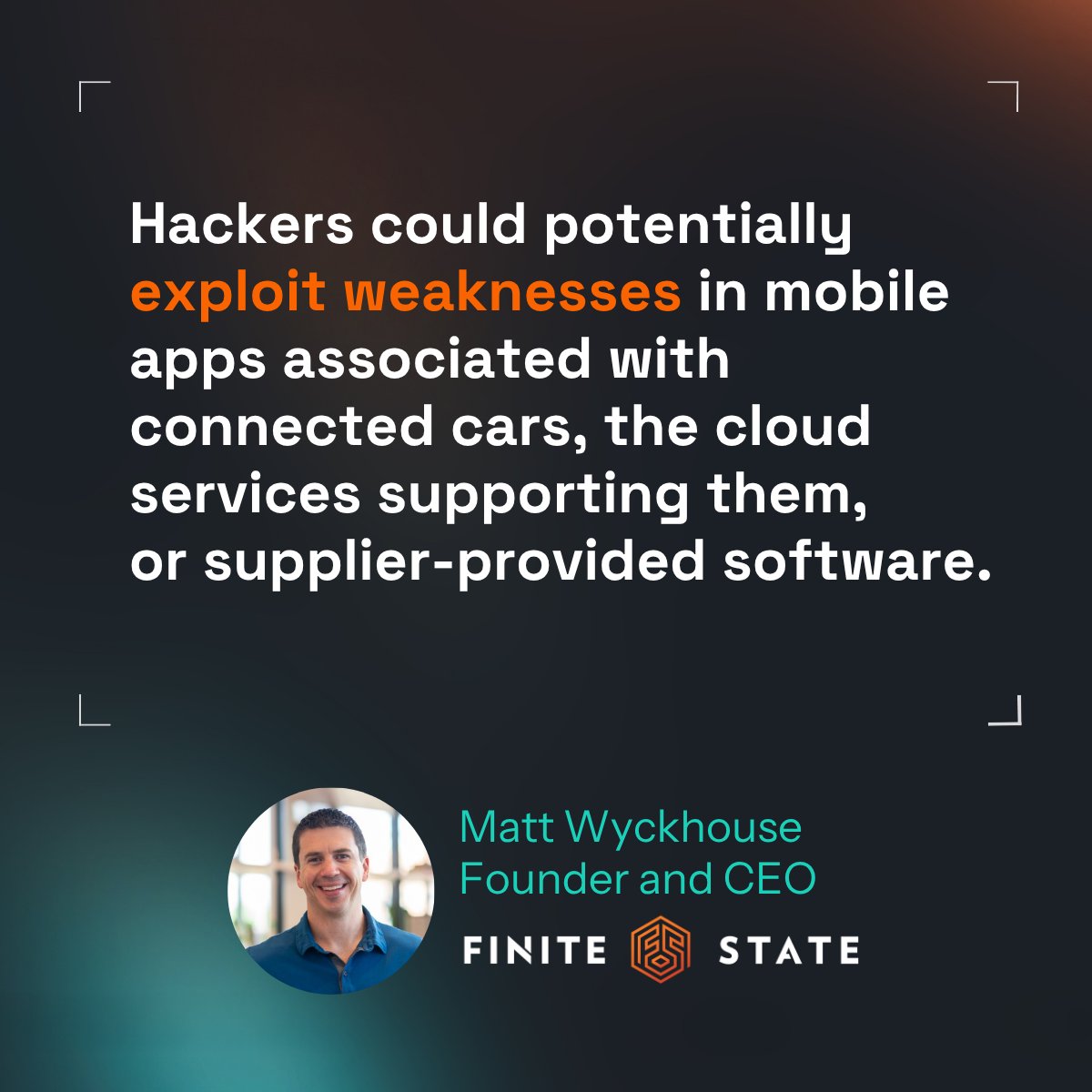 FiniteStateInc's tweet photo. Automakers have made progress on engineering and vulnerability disclosure. 🚗

The harder test is proving it works across vehicles, cloud, mobile apps, and supplier code. Finite State CEO Matt Wyckhouse in the Wall Street Journal: https://t.co/UCTfyMLNZY #AutomotiveCybersecurity https://t.co/xGpJXu4bZI