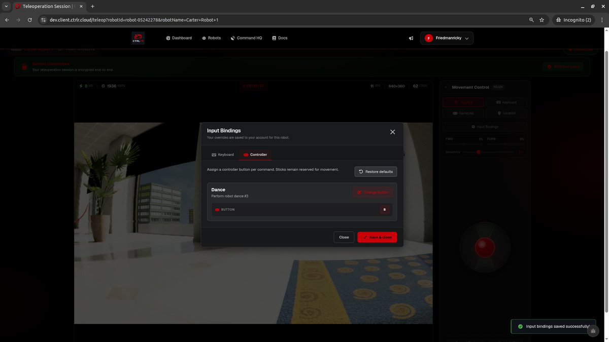 CTRLR_cloud's tweet photo. [ANOTHER PRODUCT UPGRADE]🤓

Now users can customize robot commands and bind them to handheld controllers or keyboards!

Currently you can operate robots on CTRL+R using a:
🕹️joystick (mobile + desktop),
⌨️keyboard (WASD+), and
🎮gaming controller (Xbox, logitech)

But it's gone far beyond just steering the robot now. You can map ANY command to a robot and activate it with the press of a button. 

For instance, you could steer with the left joystick, jump with the A key, punch with B, take a screenshot with left bumper, and activate a voice command with right trigger.

Any action the robot can do can now be mapped to your favorite controller and configured however you want.

Why is this cool?

Most robots ship with a custom handheld controller. But what happens if you need multiple people to be able to use the robot and they aren't all in the same room together? Or what if you don't like the controller they give you or its configuration? Or what if you just want more options?

CTRL+R fixes all this. Use our platform to operate ANY robot, from ANYWHERE, EASILY. 

Also we're continuously making it more and more customizable. VR headsets and haptic suits are next.