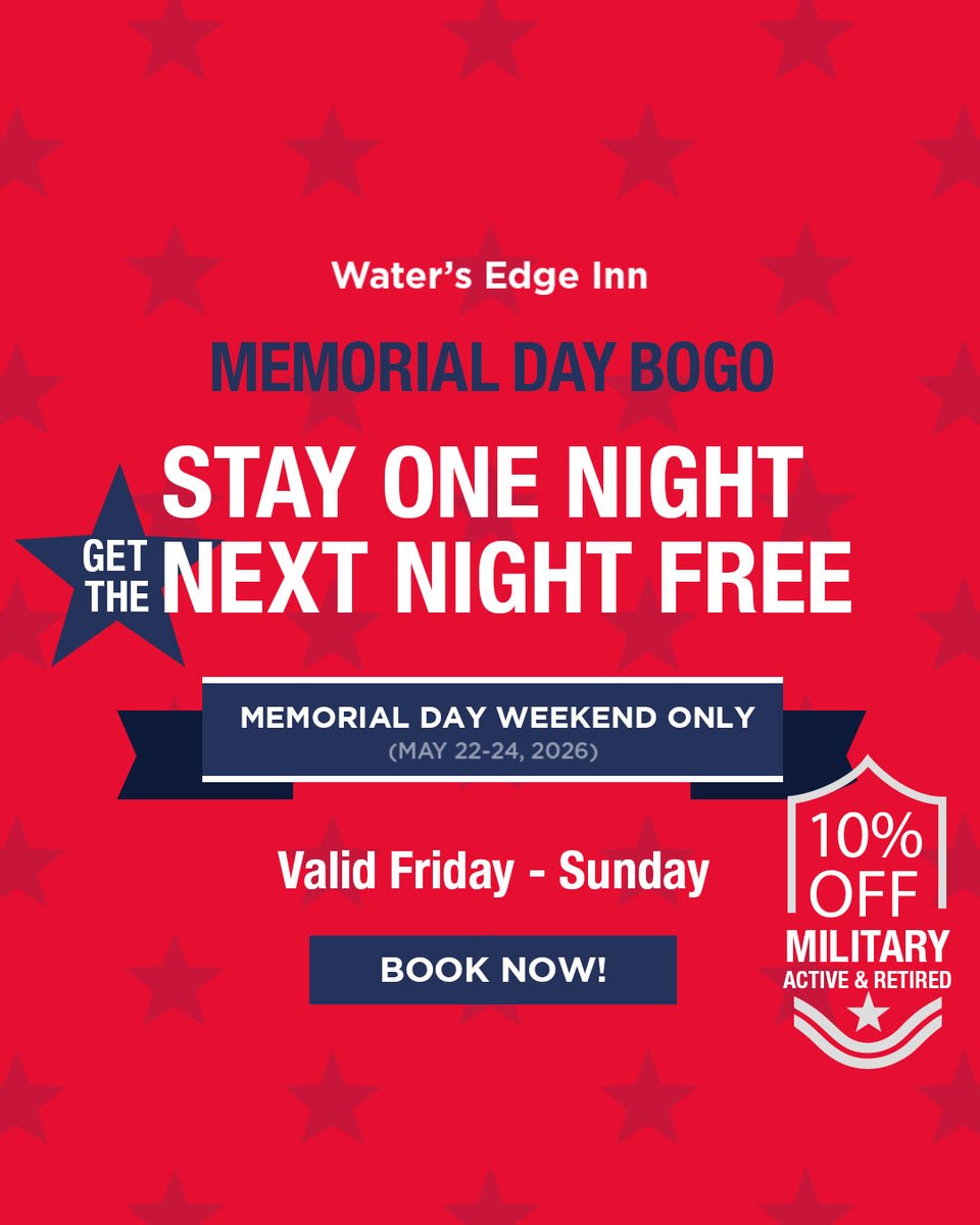 WatersEdgeADK's tweet photo. ❤️🤍💙 Don't miss out on this patriotic deal! 🇺🇸 Stay One Night, Get the Next Night FREE this Memorial Day weekend at Water's Edge Inn.

✨ Valid Friday - Sunday, May 22-24, 2026

BOOK NOW: https://t.co/SVRbH0m0EU https://t.co/4qqUQqGyR2