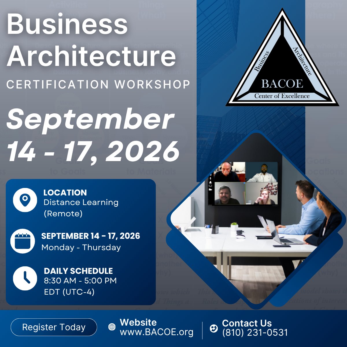 BACOESam's tweet photo. Through actual Business Architecture practice, the Business Architect Workshop from BACOE provides the most comprehensive and reliable environment for the Business Architect Practitioner. This Workshop is the only learning/training experience available in which you create a Business Architecture – and get ready to develop the highest-returning Business Architecture "on Monday morning” when you return to your Organization.

We help you eliminate as many burdens as possible during Business Architecture development, implementation, and management through BACOE Business Architecture Training and Certification Workshops. Unlike "other" training, filled with PowerPoint slide readers (just a bit of humor) and encyclopedias of declared “Business Architecture” knowledge, we ensure you and your team can actually practice the development of highly effective Business Architecture based on real-world issues and events. 

Advance your Architecture skills and become the Business Architect of choice by attending the Distance Learning, September 14 - 17, 2026, BACOE Business Architecture Practitioner Training and Certification Workshop. Confirm your Workshop participation by registering using this link - https://t.co/UJsXJnzsev 

If you need assistance getting funding from your boss/management to fund your participation in a Workshop, please schedule a call using this link - https://t.co/LtuBnI9KjY

#BusinessArchitect #BusinessArchitecture #BACOE