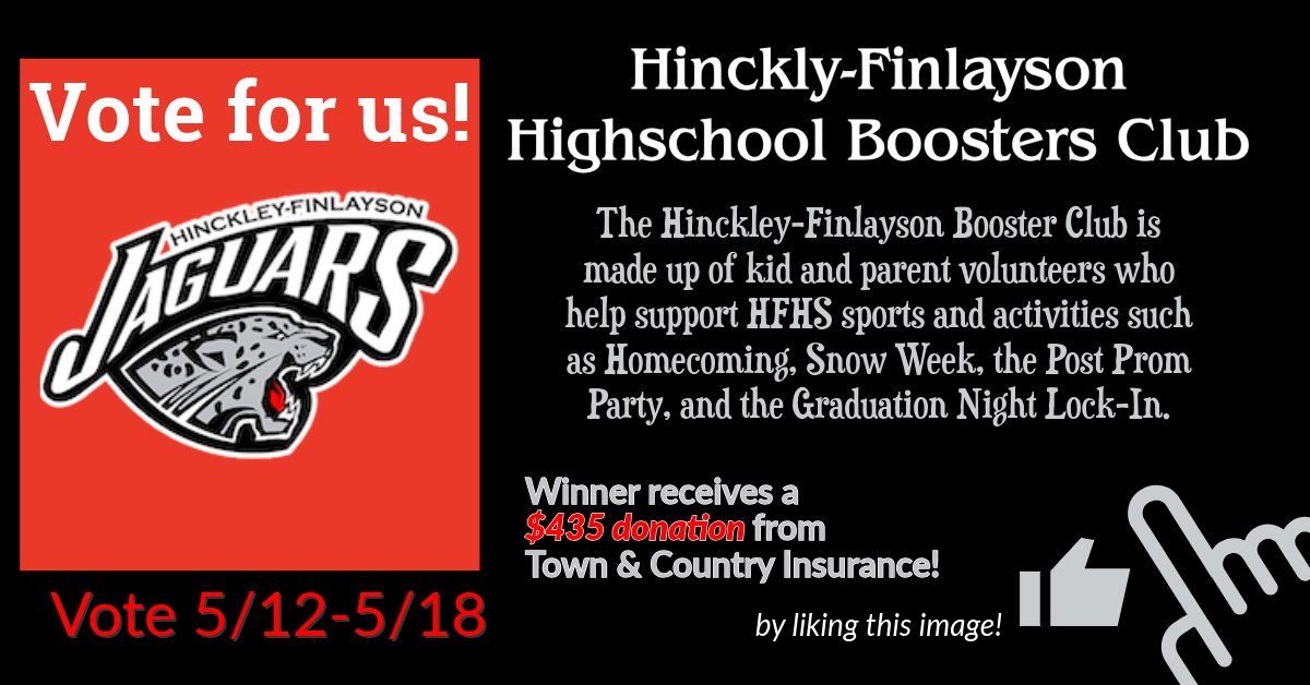 TCINS's tweet photo. 4 more days to vote by liking on our Facebook or on our Website! The winner with the most likes, and votes will receive a $435 donation. The three finalists are Hinckley-Finlayson High School Booster Club, Sandstone American Legion, Jaguar Nation, Vote &amp; Share, ends 5/18! https://t.co/pFBEIyQ5sd