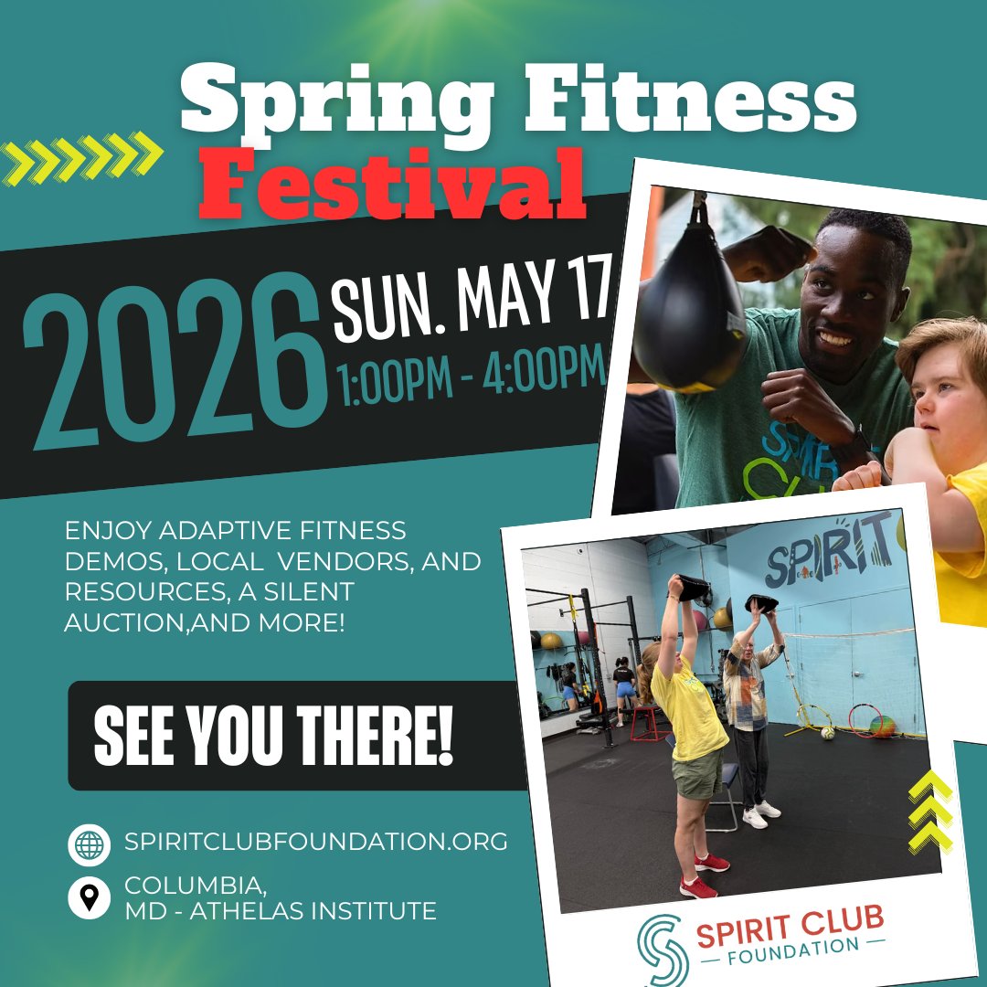 SpiritClubFnd's tweet photo. ONLY 2 DAYS TO GO 🎉

Join Spirit Club Foundation on May 17 for the Spring Fitness Festival in Columbia, MD.

Celebrate 11 years of inclusion, adaptive fitness, and community impact.

Support the mission:
https://t.co/v5hfiqOcas

#SpiritClubFoundation #InclusiveFitness https://t.co/Sld3B5uxdp