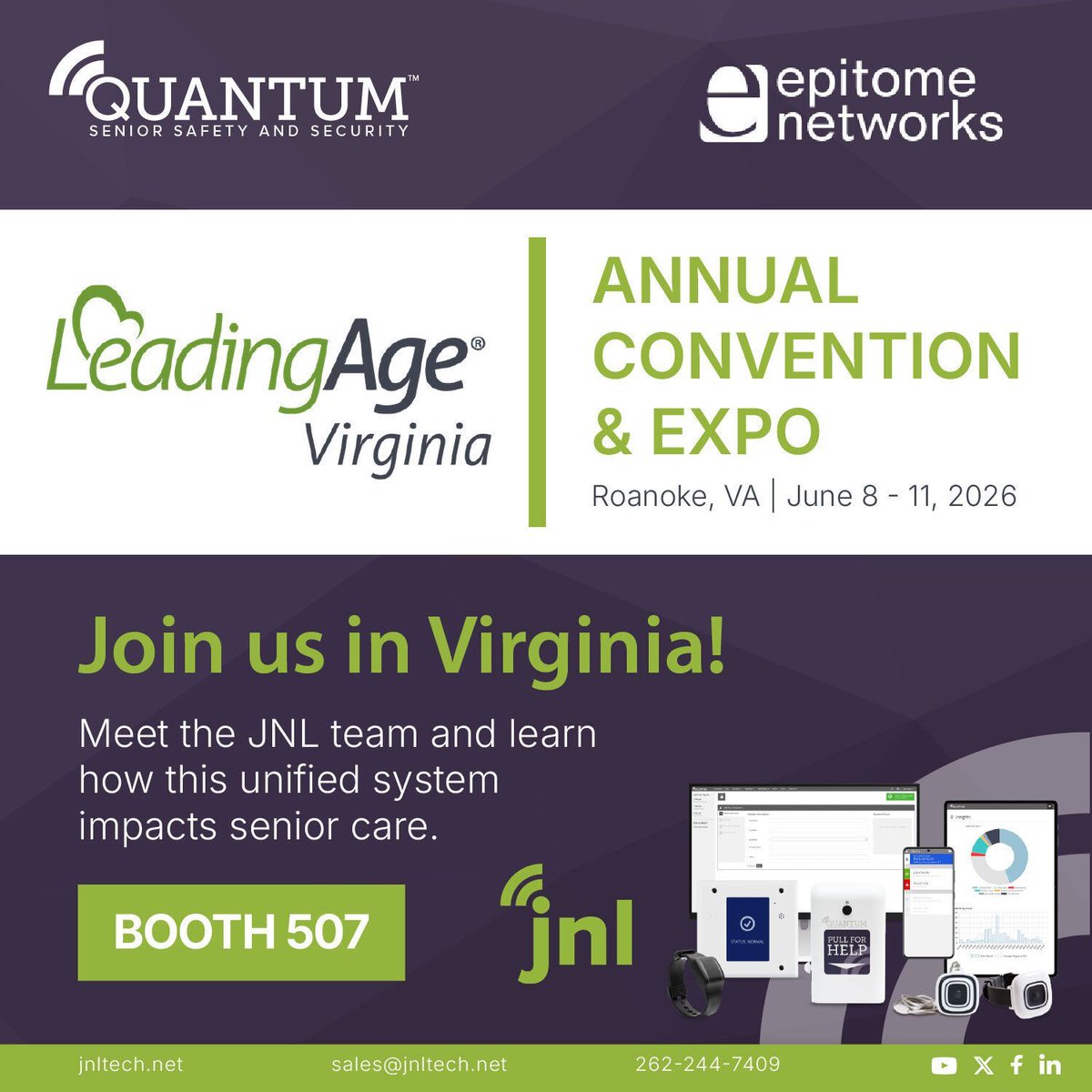 JNLTechnologies's tweet photo. Meet JNL in Virginia at the @LeadingAgeVA Conference with our partners @EpitomeNetworks!

Booth 507
June 8 - 11, 2026
Roanoke, VA
Register here: https://t.co/hBkFWM79FV 

#LeadingAgeVA #AssistedLiving #Virginia #SeniorLiving #AgeTech https://t.co/FKN4Ftz0uK