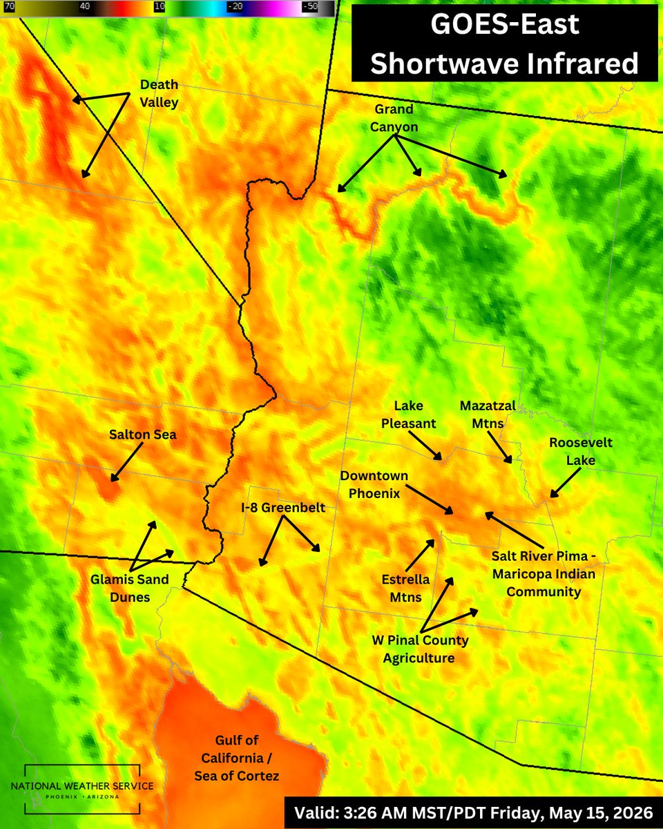 NWSPhoenix's tweet photo. 🛰️🌎Infrared (IR) imagery from GOES satellites is always neat to look at across the Desert Southwest at night to see all the spatial temperature variations across our diverse landscape. You can pick out warm urban areas, agricultural areas, and bodies of water. #azwx #cawx https://t.co/y572wYNzxh