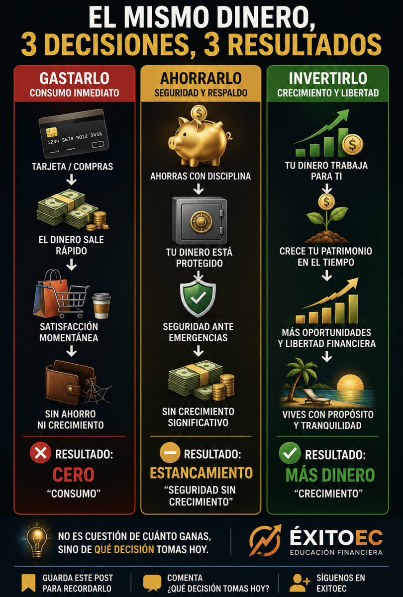 EcuadorExito's tweet photo. 🚨 El mismo dinero puede darte PLACER, SEGURIDAD o LIBERTAD. 💰
Si solo gastas, desaparece rápido. Si ahorras, te protege en emergencias. 🛟 Pero cuando INVIERTES con inteligencia, tu dinero empieza a trabajar para ti. 📈🔥
La diferencia no está en cuánto ganas… https://t.co/ZBPHYN1Xnh