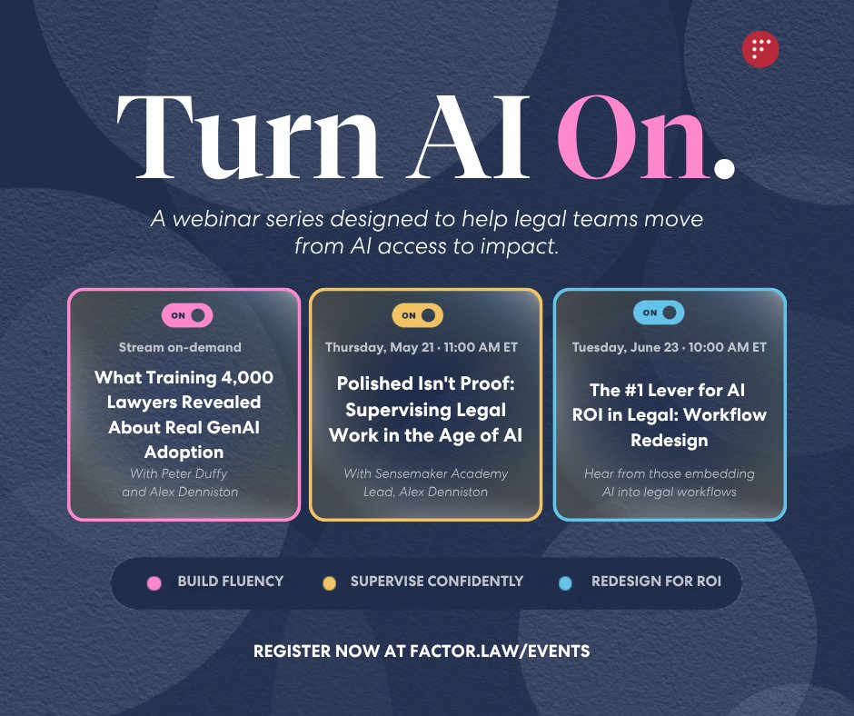 factor_law's tweet photo. As AI becomes part of everyday legal work, the question is no longer “Did you use AI?”

The better question is “Do I trust the process?”

Join our next Turn AI On webinar on supervising AI-enabled legal work, guardrails, &amp; quality control. 

Register here: https://t.co/7SNIEtu7Ih https://t.co/taPoIRUb55