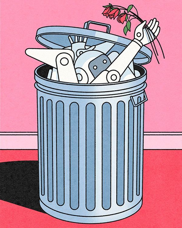 RappArt's tweet photo. How do you break up with a chatbot? 🤖 💔 

Dan Page illustrated "Love Artificially" in BYU's Y Magazine, exploring the techno-entanglement of falling in love with AI. People are increasingly turning from real relationships to digital companions. https://t.co/HM2NbCDrGJ