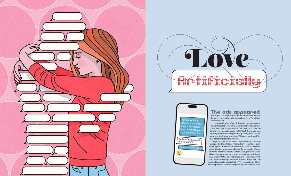 RappArt's tweet photo. How do you break up with a chatbot? 🤖 💔 

Dan Page illustrated "Love Artificially" in BYU's Y Magazine, exploring the techno-entanglement of falling in love with AI. People are increasingly turning from real relationships to digital companions. https://t.co/HM2NbCDrGJ