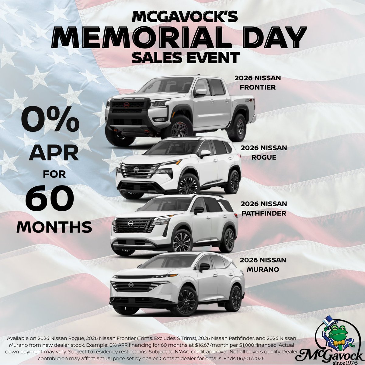 McGavockAuto's tweet photo. Drive into summer with 0% APR for 60 months on select new 2026 Nissan models!

Now’s the perfect time to upgrade your ride and take advantage of these Memorial Day offers before they’re gone. Stop by today or contact us for details! https://t.co/xruWWYuulN