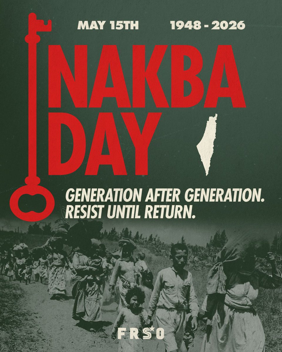 freedomroadorg's tweet photo. Today, May 15th, marks 78 years since the Nakba - the Catastrophe - when Zionist settlers with help from the British military forced over 750,000 Palestinians from their lands, massacring civilians every inch of the way. https://t.co/Wm7WgYwHCq