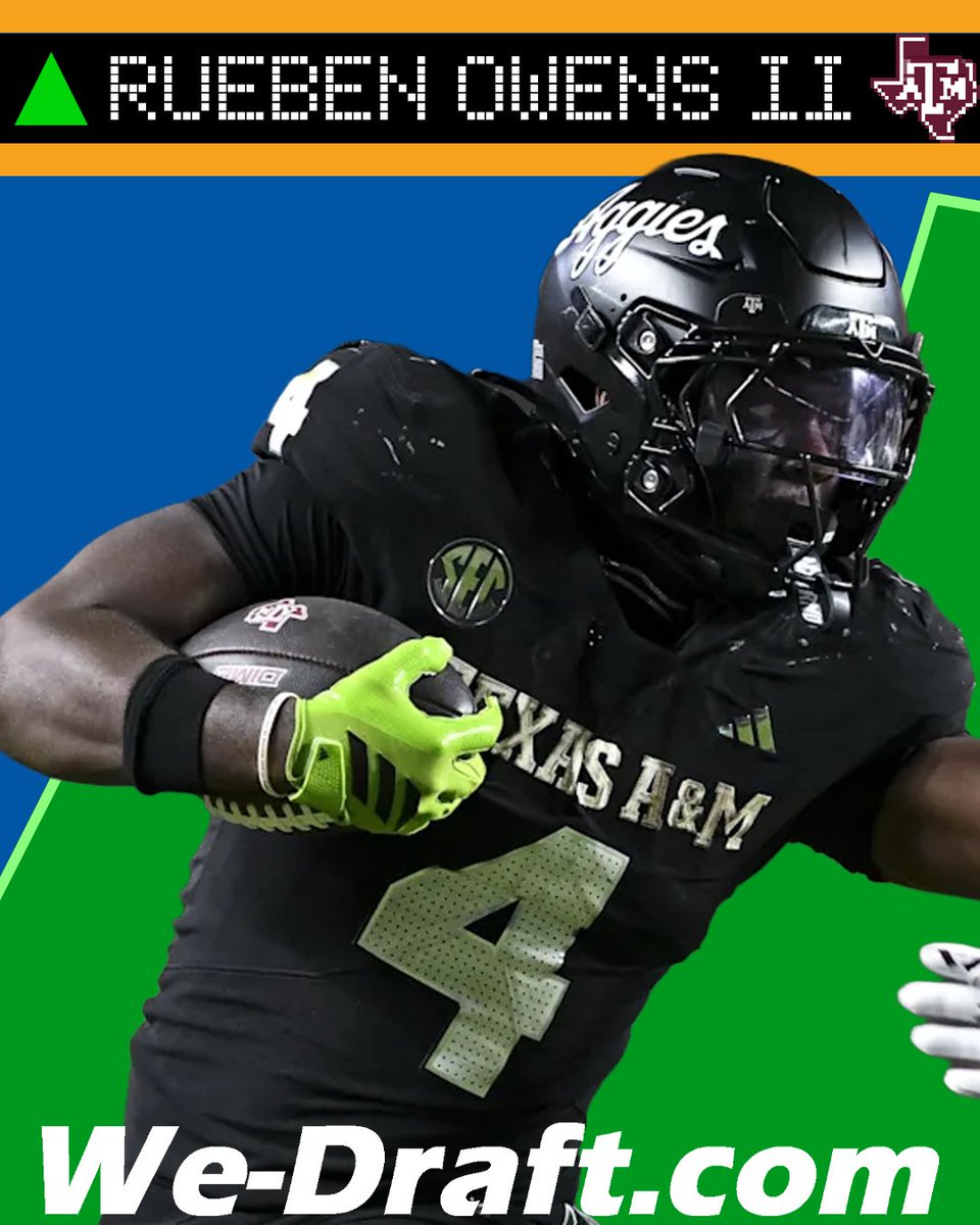 WeDraftSite's tweet photo. Rueben Owens II, Jr (RS), Texas A&M
Throughout 2025, Owens used his short area quickness to embarrass defenders and bring a dynamic presence to the Aggie run game. However, his tendency to rush decisions and run in front of his offensive line limited his effectiveness. Owens enters 2026 as the only established name in A&M's running back room and could run wild if the game slows down for him.