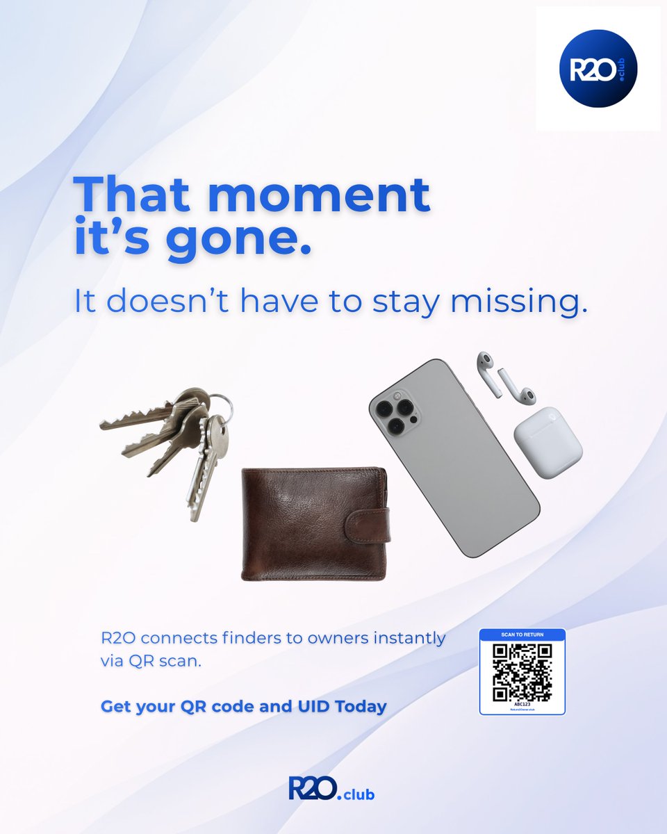 R2O_Club's tweet photo. That moment it’s gone.
Keys, wallet, phone… gone in seconds.
R2O helps bring them back with a simple QR scan.
#LostAndFound #QRScan #NeverLoseIt https://t.co/nJEd3DIcLn