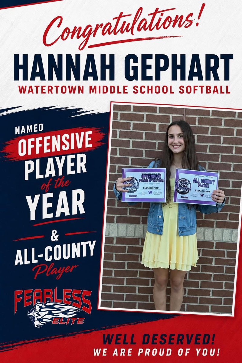 2011Fearless's tweet photo. Congratulations to Fearless Elite’s Hannah Gephart on an amazing season with Watertown Middle School Softball! ❤️💙

🏆 Offensive Player of the Year
🥎 All-County Player

We are so proud of you, Hannah! Keep being fearless! 🔥

#FearlessElite #FearlessFamily #Softball https://t.co/zDGeIe5hQP