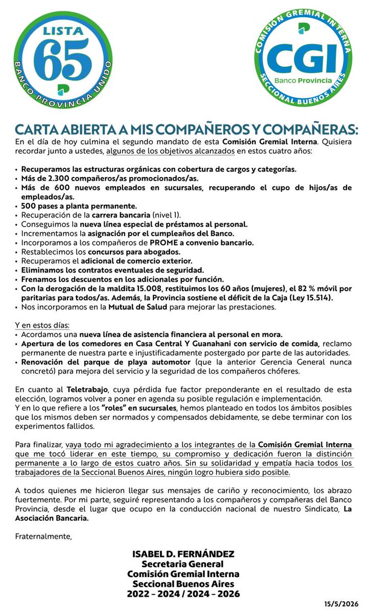 Cgi_bp's tweet photo. CARTA ABIERTA A MIS COMPAÑEROS Y COMPAÑERAS

ISABEL FERNÁNDEZ
SECRETARIA GENERAL 
CGI, Seccional Buenos Aires 
2022 - 2024 / 2024 - 2026 https://t.co/Qt5xC5RDAC