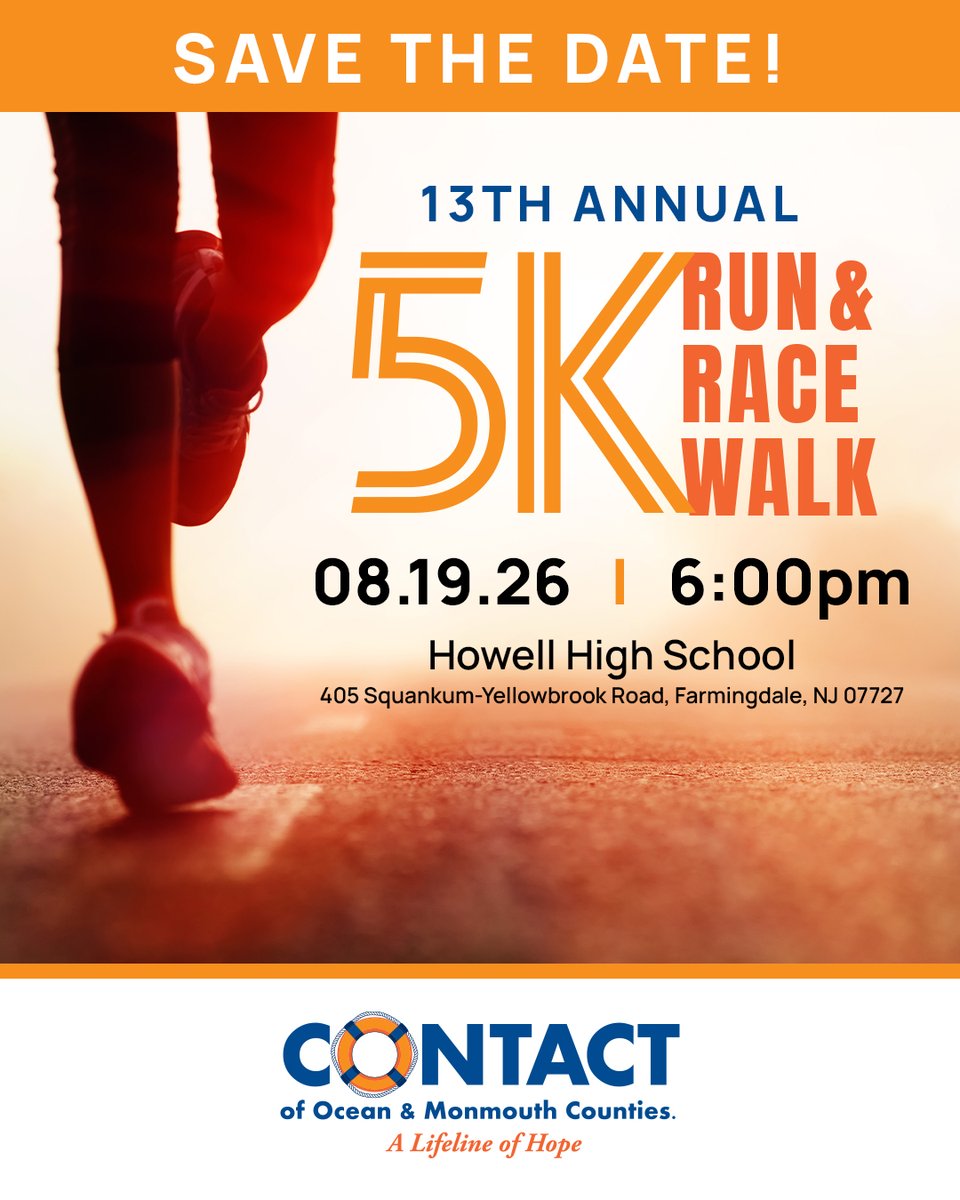 crisis_ocean's tweet photo. Our 13th Annual 5K Run &amp; Race Walk is on August 19th! 🏃

Join us to honor loved ones we've lost and raise funds to support CONTACT's mission.
Sign up today!

#5K #NJ5K #MonmouthCounty #OceanCounty #MentalHealthMatters #ListeningMatters  #CrisisHelpline #CommunitySupport https://t.co/gJ5tSUK45d